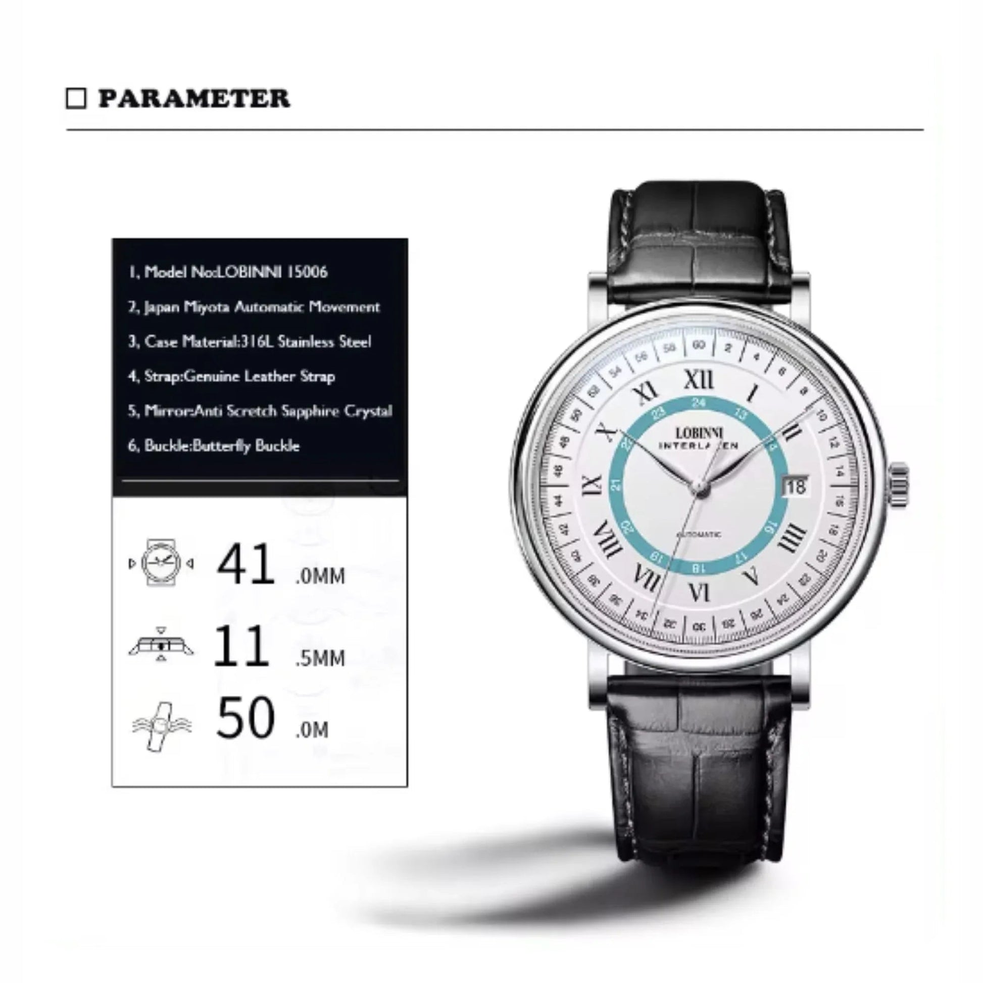 LOBINNI Luxury Men Business Automatic Mechanical Watch Genuine Leather Strap Sapphire Glass Waterproof 50M Male Wristwatch - DREAM WATCHES