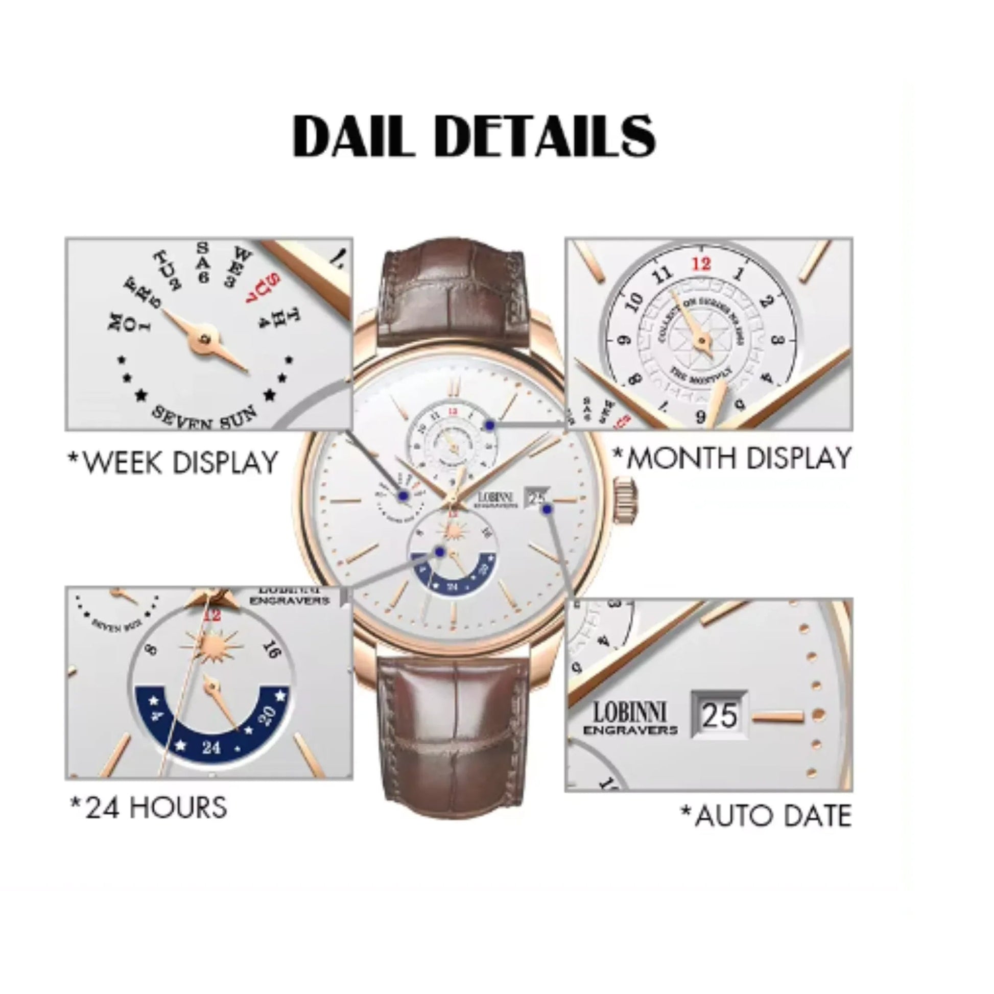 LOBINNI Luxury Mens Watches,Men Automatic Watch Self Wind Mechanical Wristwatch Waterproof Switzerland Month Week Date 24 Hours - 16066 - DREAM WATCHES