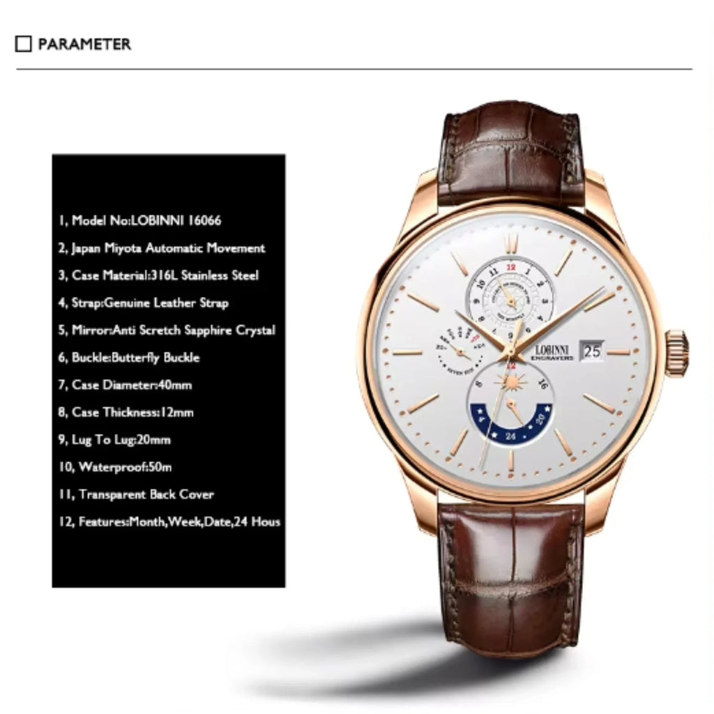 LOBINNI Luxury Mens Watches,Men Automatic Watch Self Wind Mechanical Wristwatch Waterproof Switzerland Month Week Date 24 Hours - 16066 - DREAM WATCHES