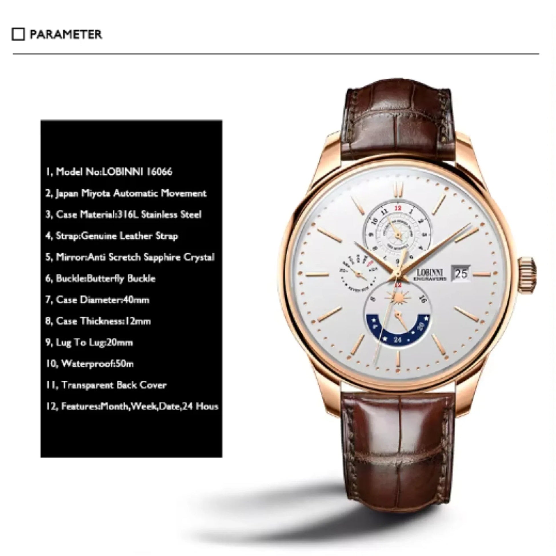LOBINNI Luxury Mens Watches,Men Automatic Watch Self Wind Mechanical Wristwatch Waterproof Switzerland Month Week Date 24 Hours - 16066 - DREAM WATCHES