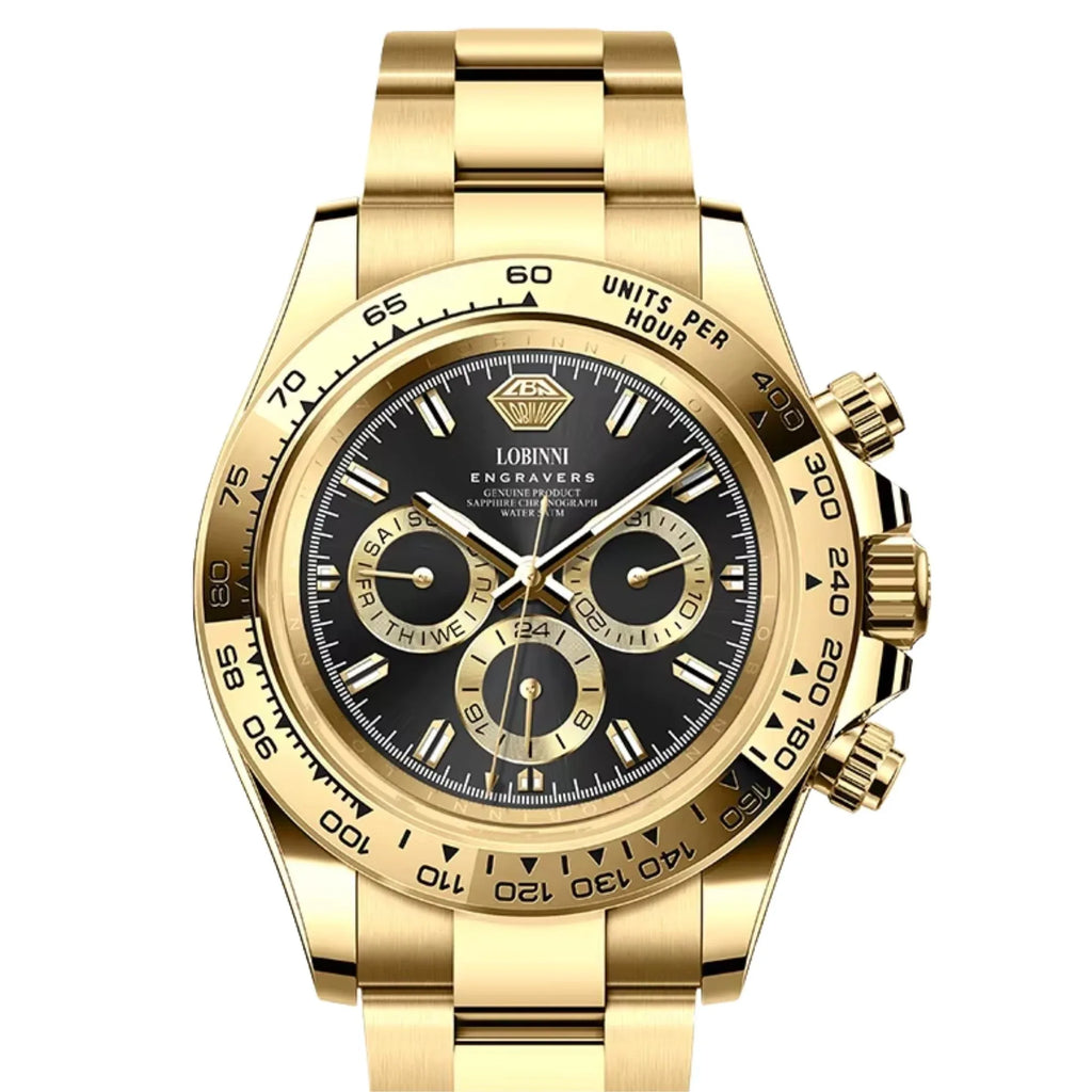 LOBINNI Luxury Stainless Steel Automatic Chronograph Golden - Black Dial - DREAM WATCHES