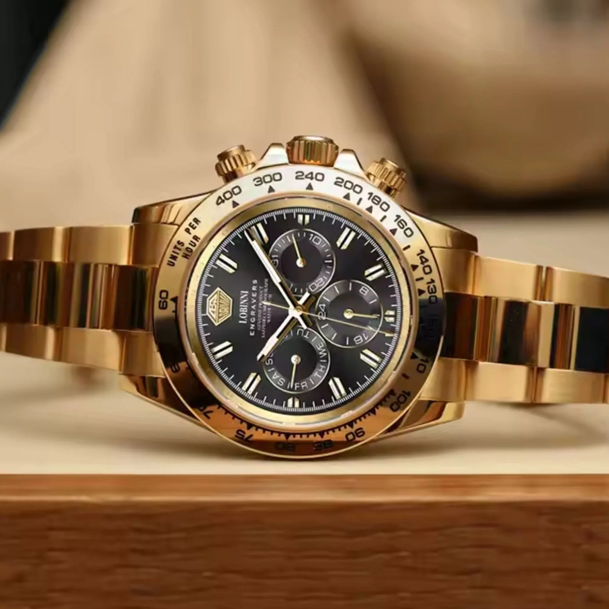LOBINNI Luxury Stainless Steel Automatic Chronograph Golden - Golden Dial - DREAM WATCHES