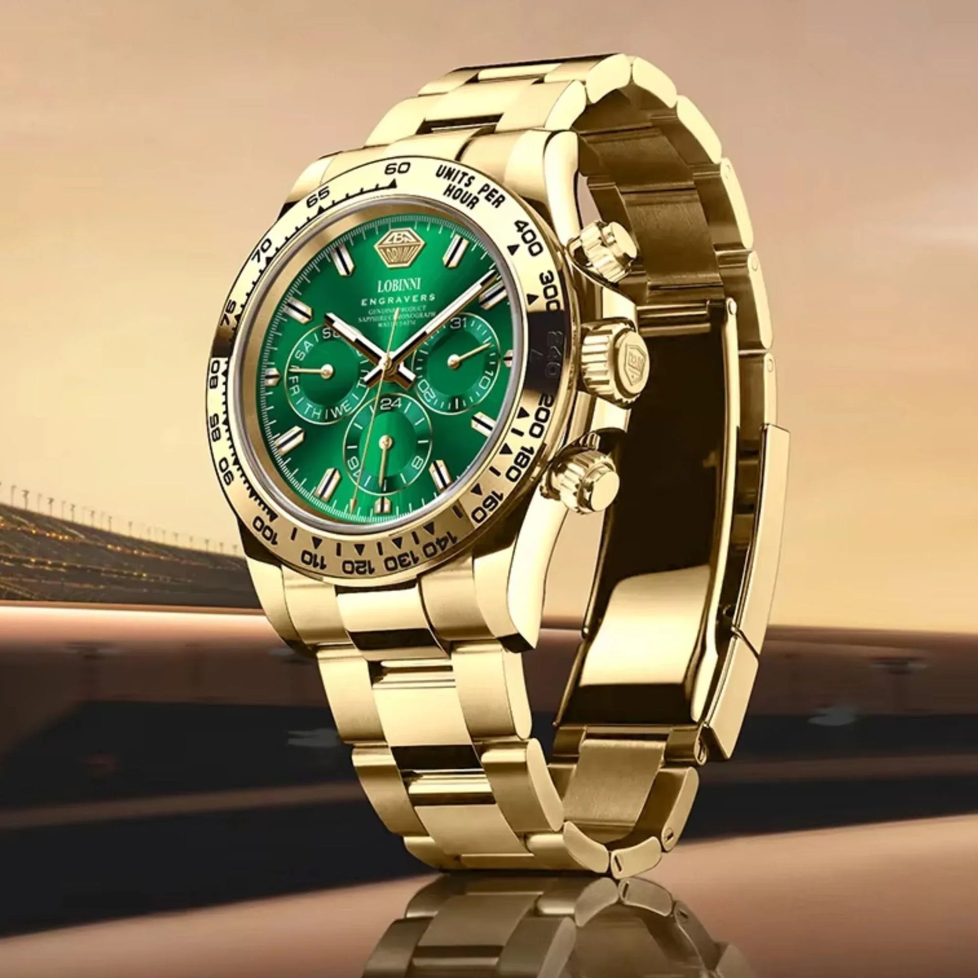 LOBINNI Luxury Stainless Steel Automatic Chronograph Golden - Green Dial - DREAM WATCHES