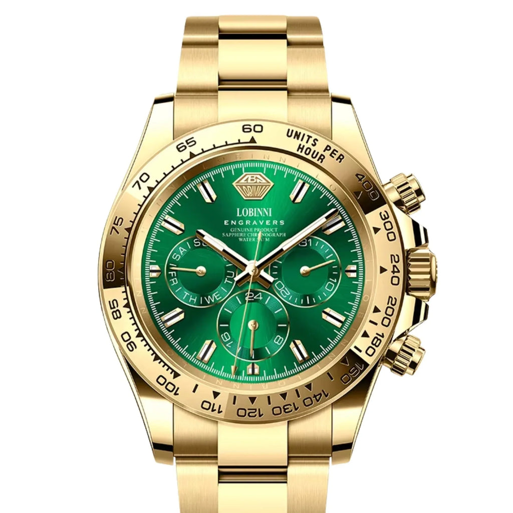 LOBINNI Luxury Stainless Steel Automatic Chronograph Golden - Green Dial - DREAM WATCHES