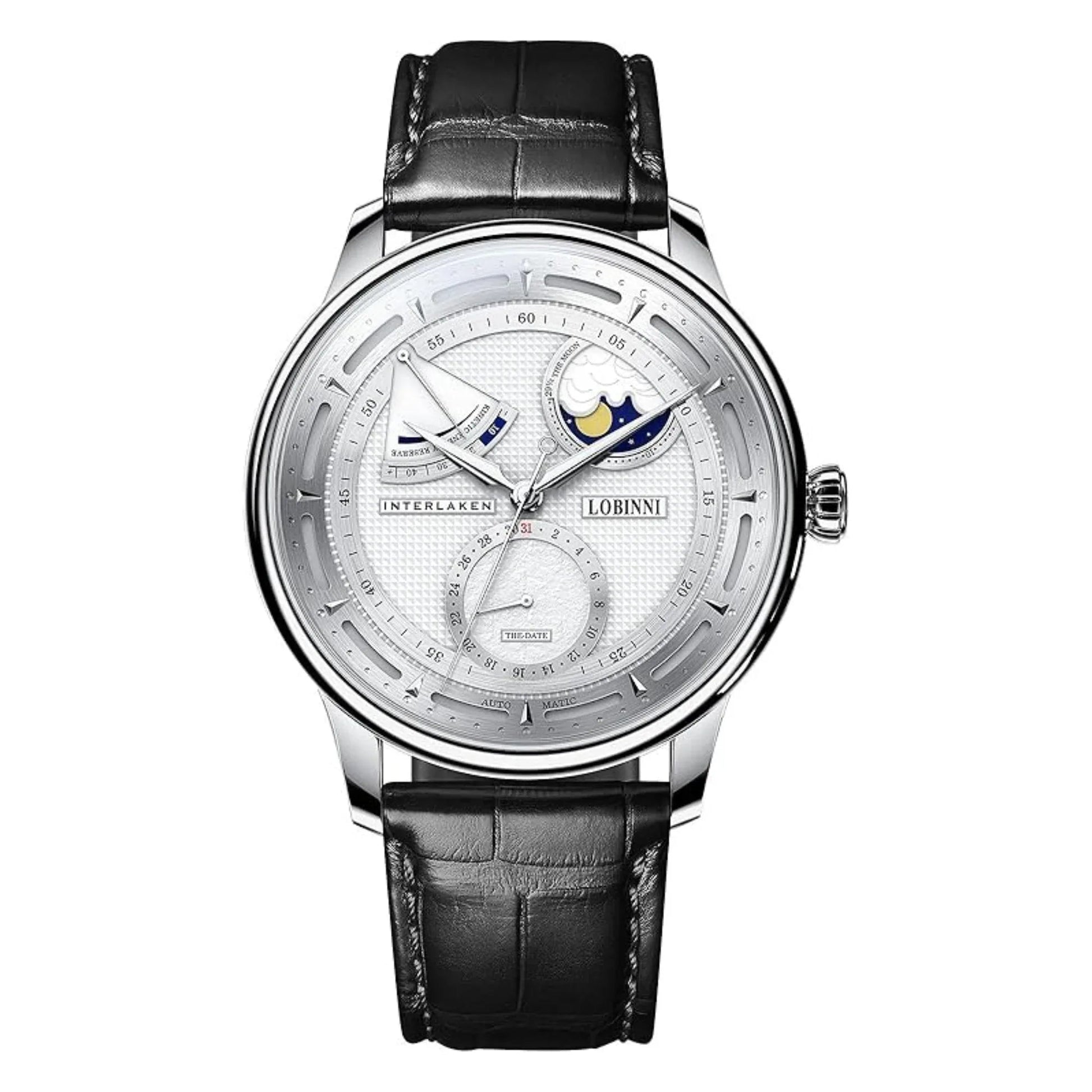 LOBINNI luxury watch for men,mens automatic watches moonphase mechanical wristwatch 50m waterproof sapphire mirror leather strap - 17011 - DREAM WATCHES
