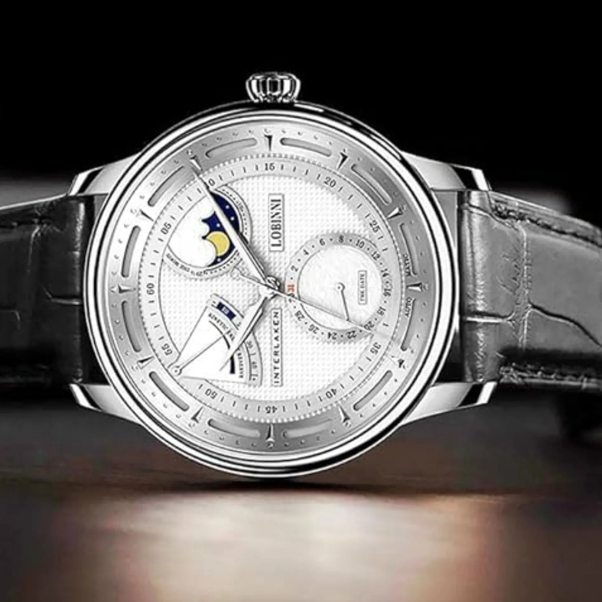 LOBINNI luxury watch for men,mens automatic watches moonphase mechanical wristwatch 50m waterproof sapphire mirror leather strap - 17011 - DREAM WATCHES