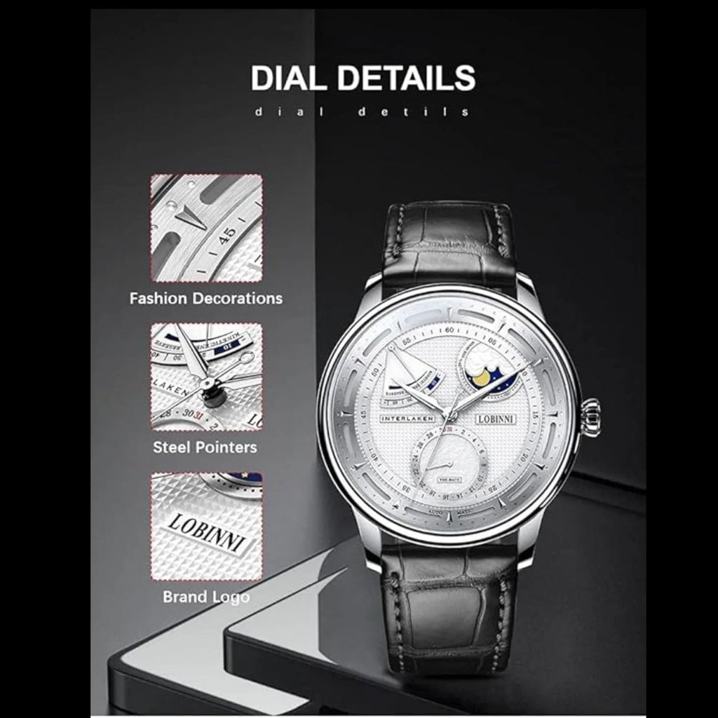 LOBINNI luxury watch for men,mens automatic watches moonphase mechanical wristwatch 50m waterproof sapphire mirror leather strap - 17011 - DREAM WATCHES