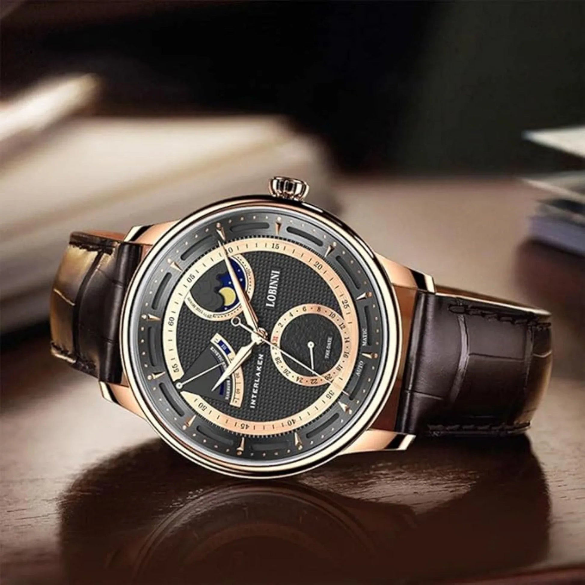 LOBINNI luxury watch for men,mens automatic watches moonphase mechanical wristwatch 50m waterproof sapphire mirror leather strap - 17011 - DREAM WATCHES