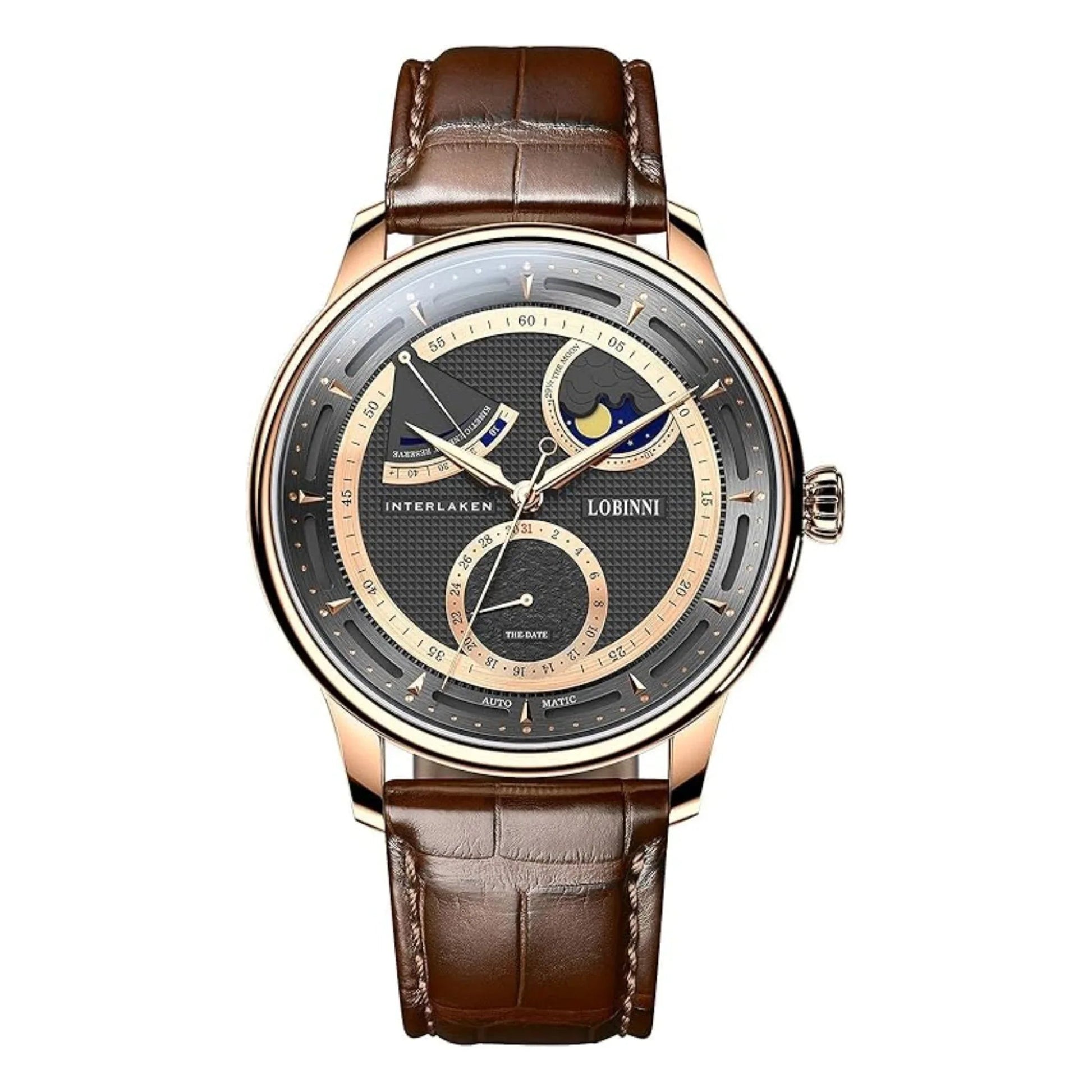 LOBINNI luxury watch for men,mens automatic watches moonphase mechanical wristwatch 50m waterproof sapphire mirror leather strap - 17011 - DREAM WATCHES