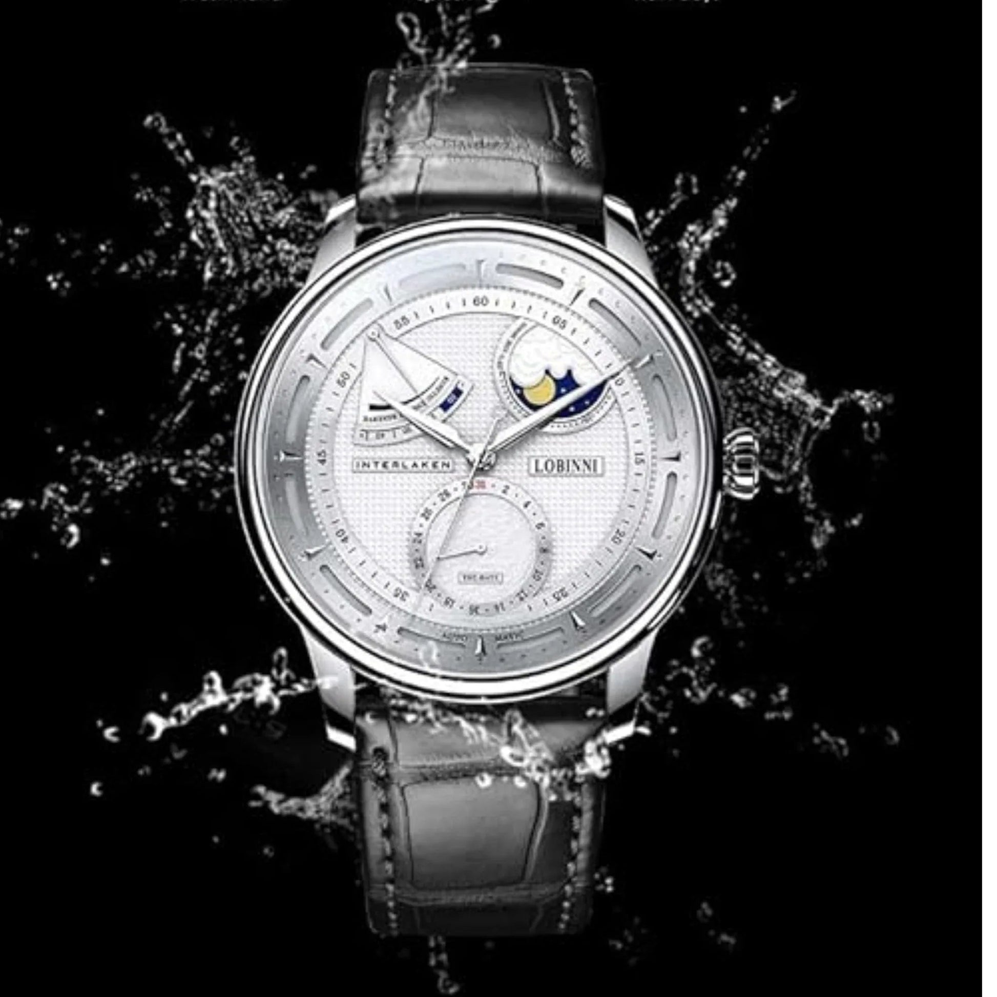 LOBINNI luxury watch for men,mens automatic watches moonphase mechanical wristwatch 50m waterproof sapphire mirror leather strap - 17011 - DREAM WATCHES