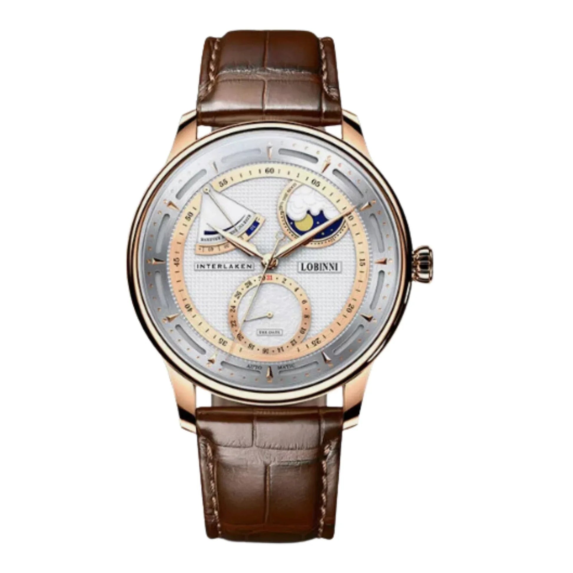 LOBINNI luxury watch for men,mens automatic watches moonphase mechanical wristwatch 50m waterproof sapphire mirror leather strap - 17011 - DREAM WATCHES