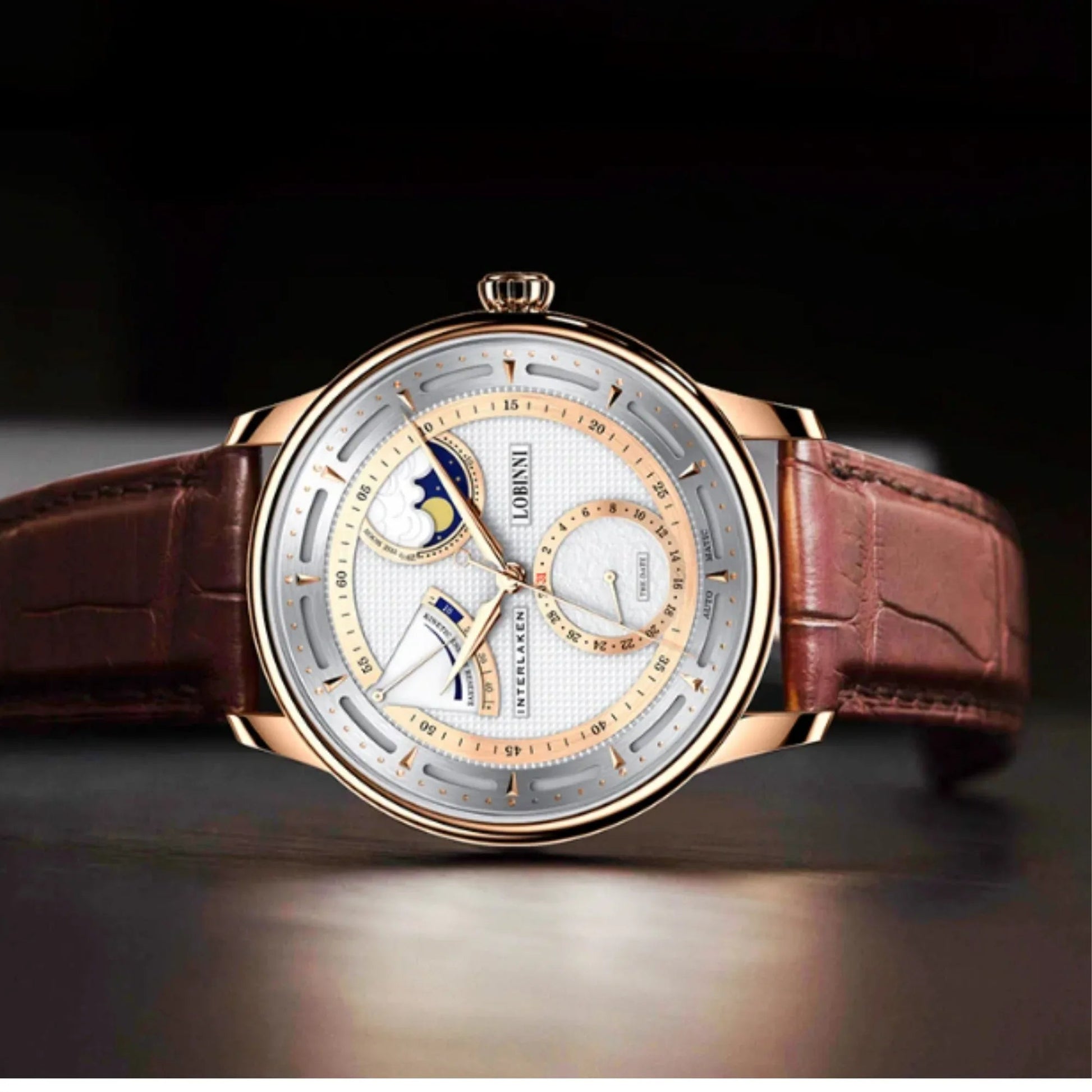 LOBINNI luxury watch for men,mens automatic watches moonphase mechanical wristwatch 50m waterproof sapphire mirror leather strap - 17011 - DREAM WATCHES