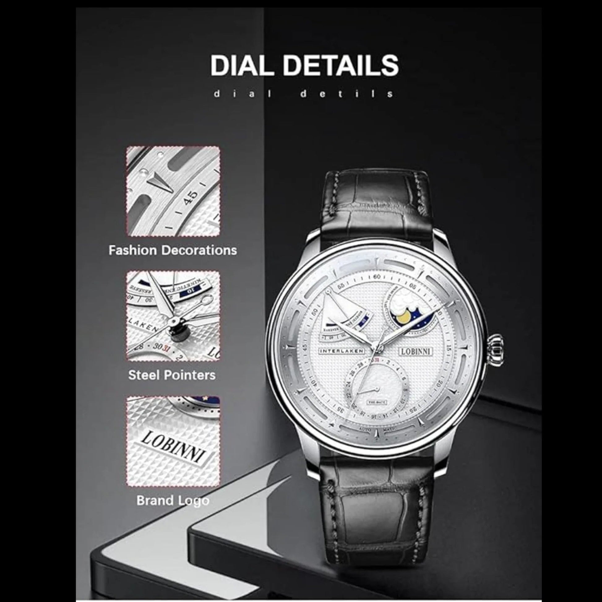 LOBINNI luxury watch for men,mens automatic watches moonphase mechanical wristwatch 50m waterproof sapphire mirror leather strap - 17011 - DREAM WATCHES