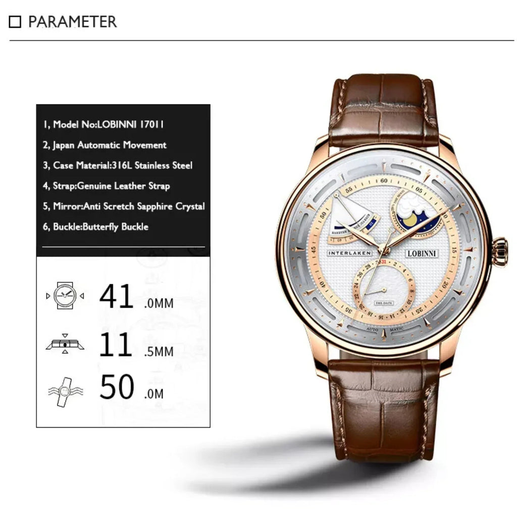 LOBINNI luxury watch for men,mens automatic watches moonphase mechanical wristwatch 50m waterproof sapphire mirror leather strap - 17011 - DREAM WATCHES