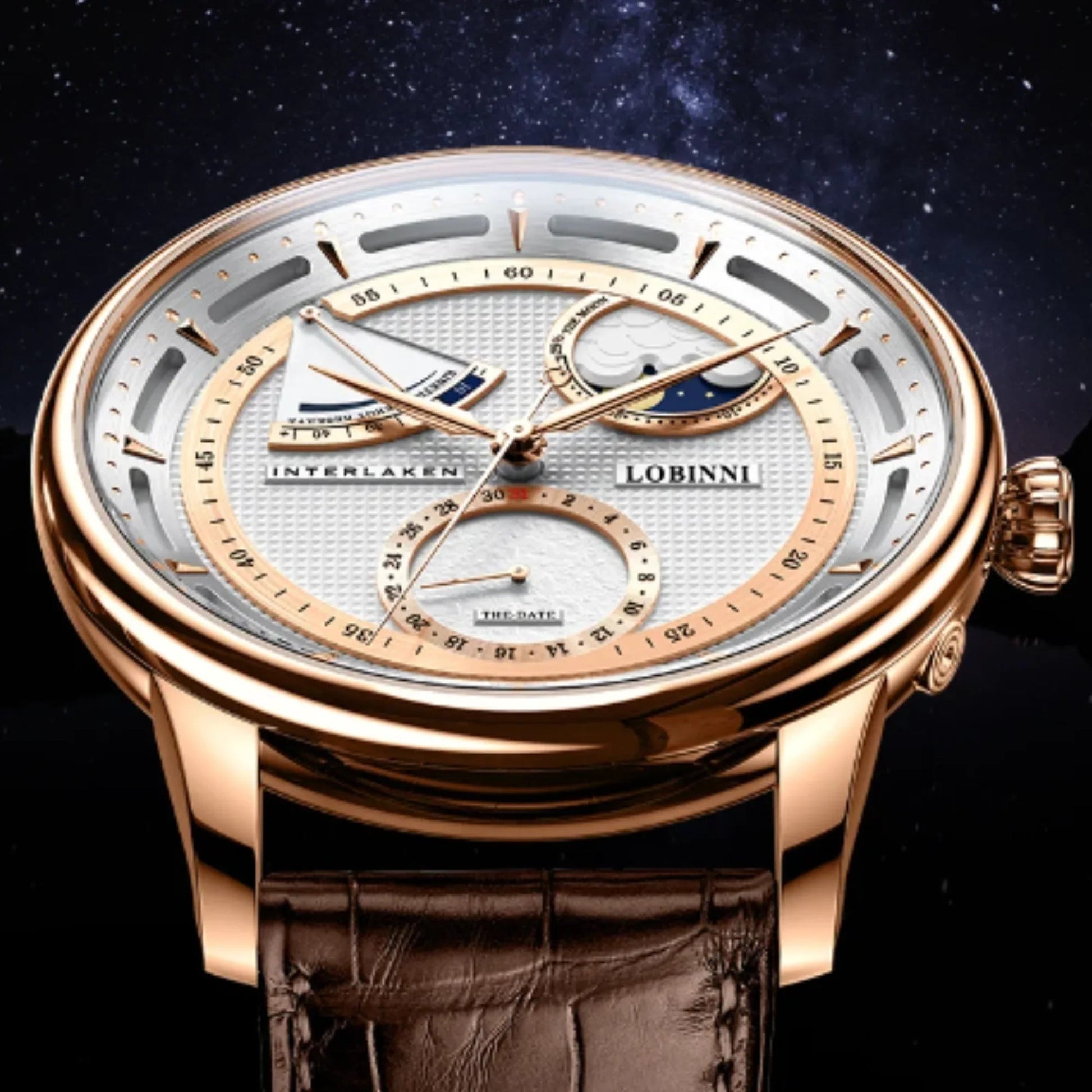 LOBINNI luxury watch for men,mens automatic watches moonphase mechanical wristwatch 50m waterproof sapphire mirror leather strap - 17011 - DREAM WATCHES