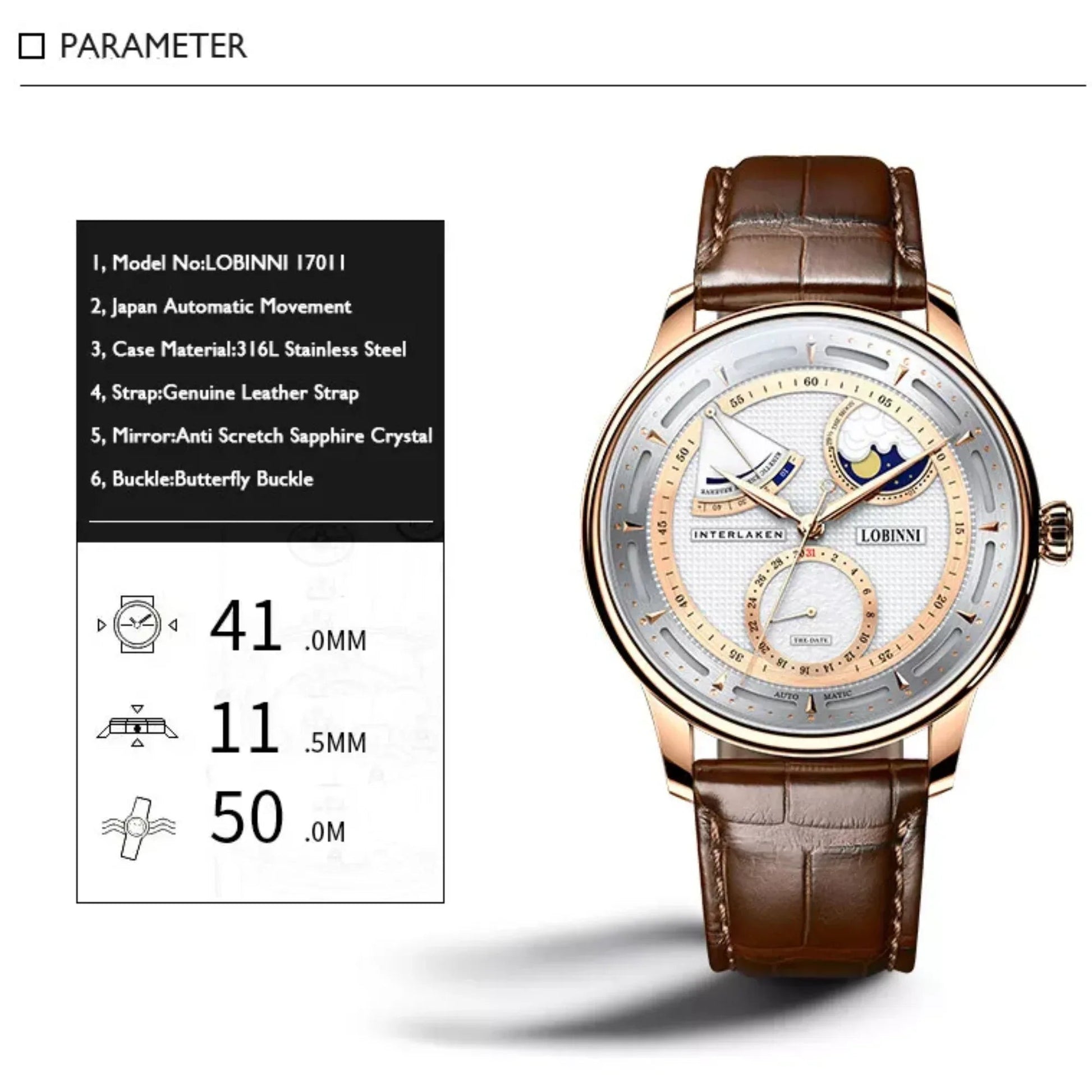 LOBINNI luxury watch for men,mens automatic watches moonphase mechanical wristwatch 50m waterproof sapphire mirror leather strap - 17011 - DREAM WATCHES