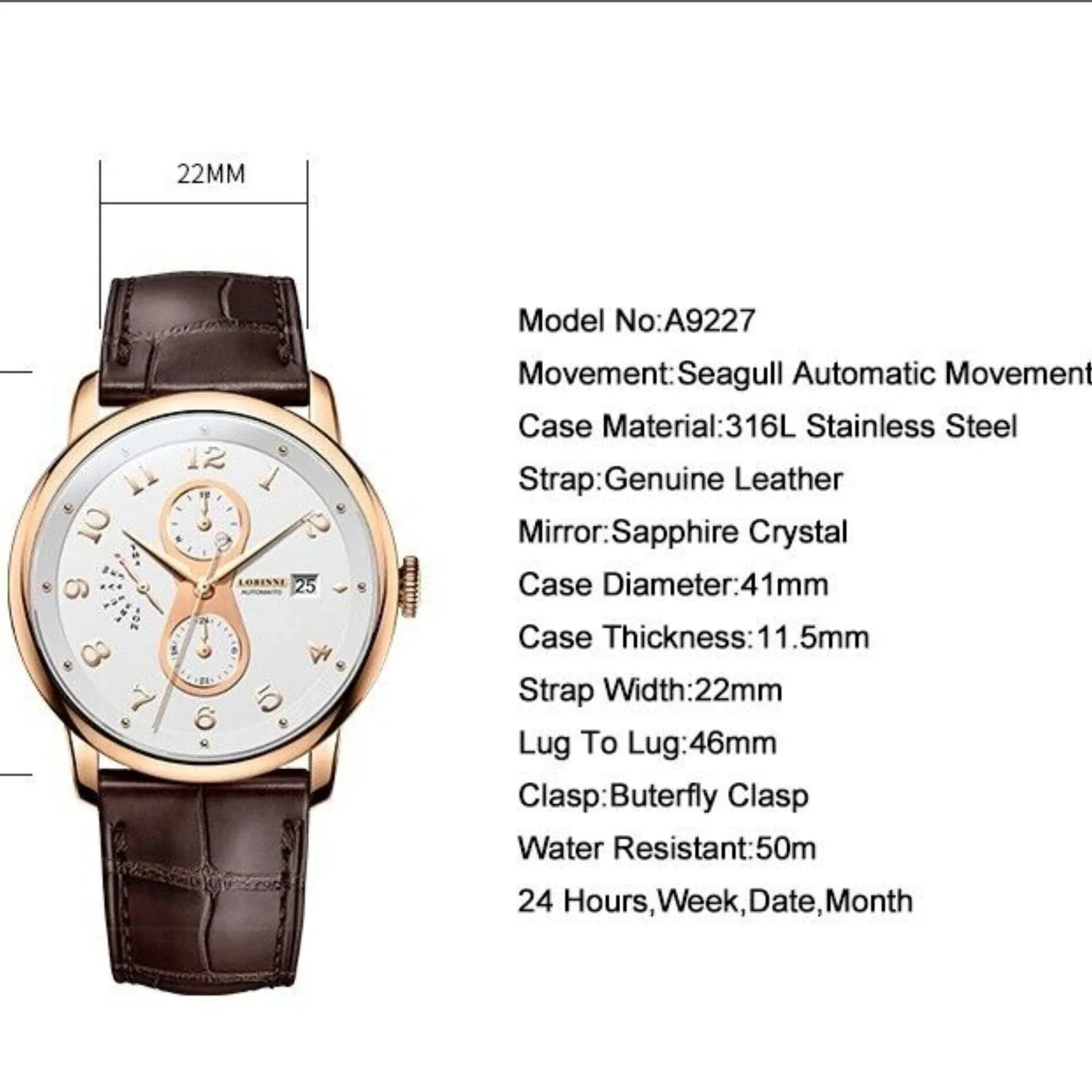 LOBINNI Me Automatic Watch 41mm Luxury Mechanical Wristwatch 50M Week,Date,Month - A9227 - DREAM WATCHES