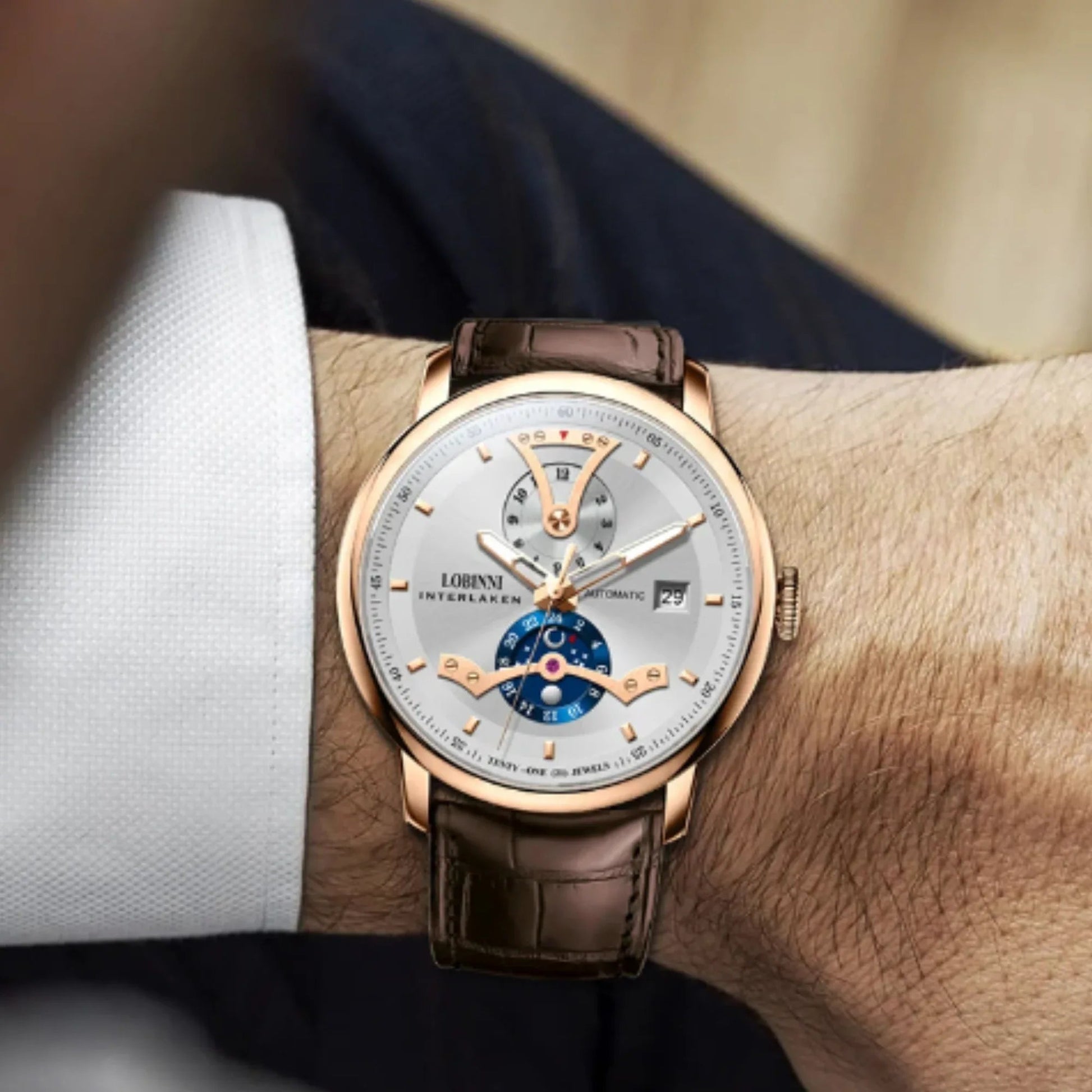 LOBINNI Men Automatic Watch Luxury Male Dress Mechanical Wristwatch Dress Sapphire Crystal Leather Strap Month Date 24 Hours - 18018 - DREAM WATCHES