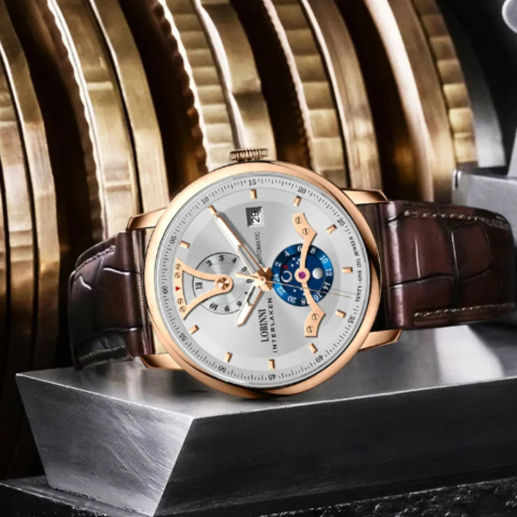 LOBINNI Men Automatic Watch Luxury Male Dress Mechanical Wristwatch Dress Sapphire Crystal Leather Strap Month Date 24 Hours - 18018 - DREAM WATCHES