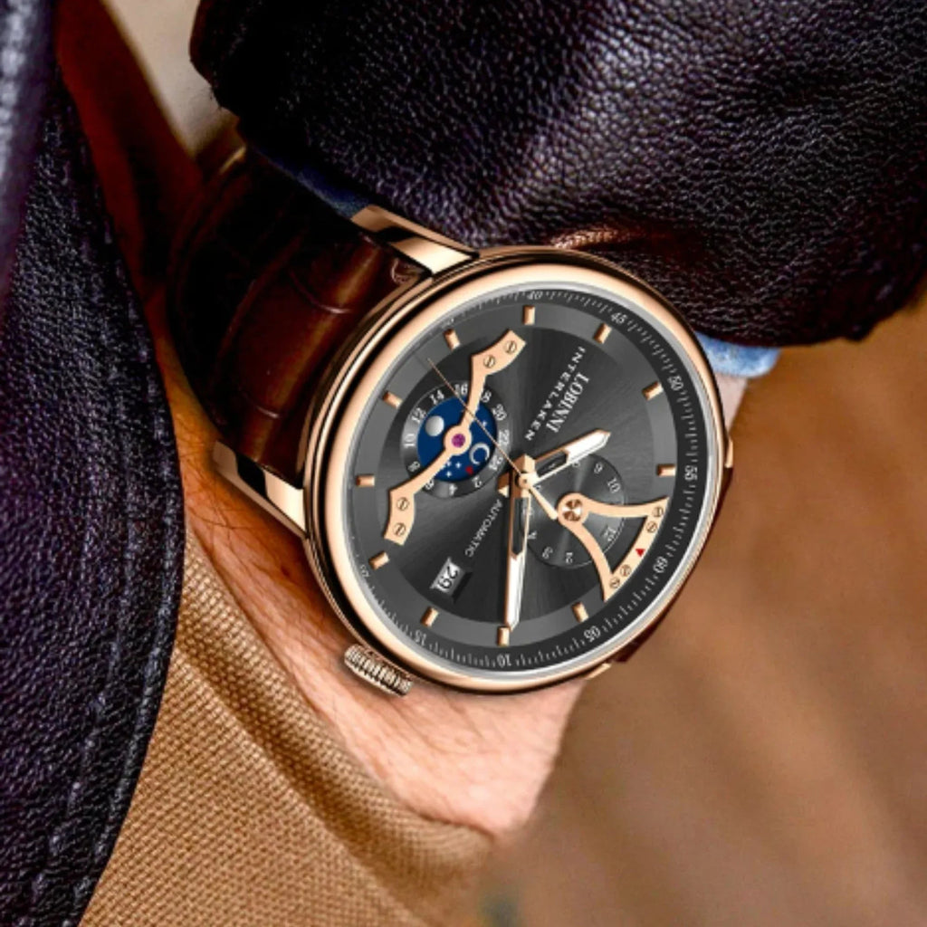 LOBINNI Men Automatic Watch Luxury Male Dress Mechanical Wristwatch Dress Sapphire Crystal Leather Strap Month Date 24 Hours - 18018 - DREAM WATCHES