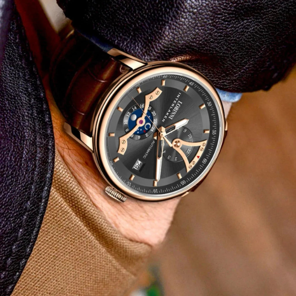 LOBINNI Men Automatic Watch Luxury Male Dress Mechanical Wristwatch Dress Sapphire Crystal Leather Strap Month Date 24 Hours - 18018 - DREAM WATCHES