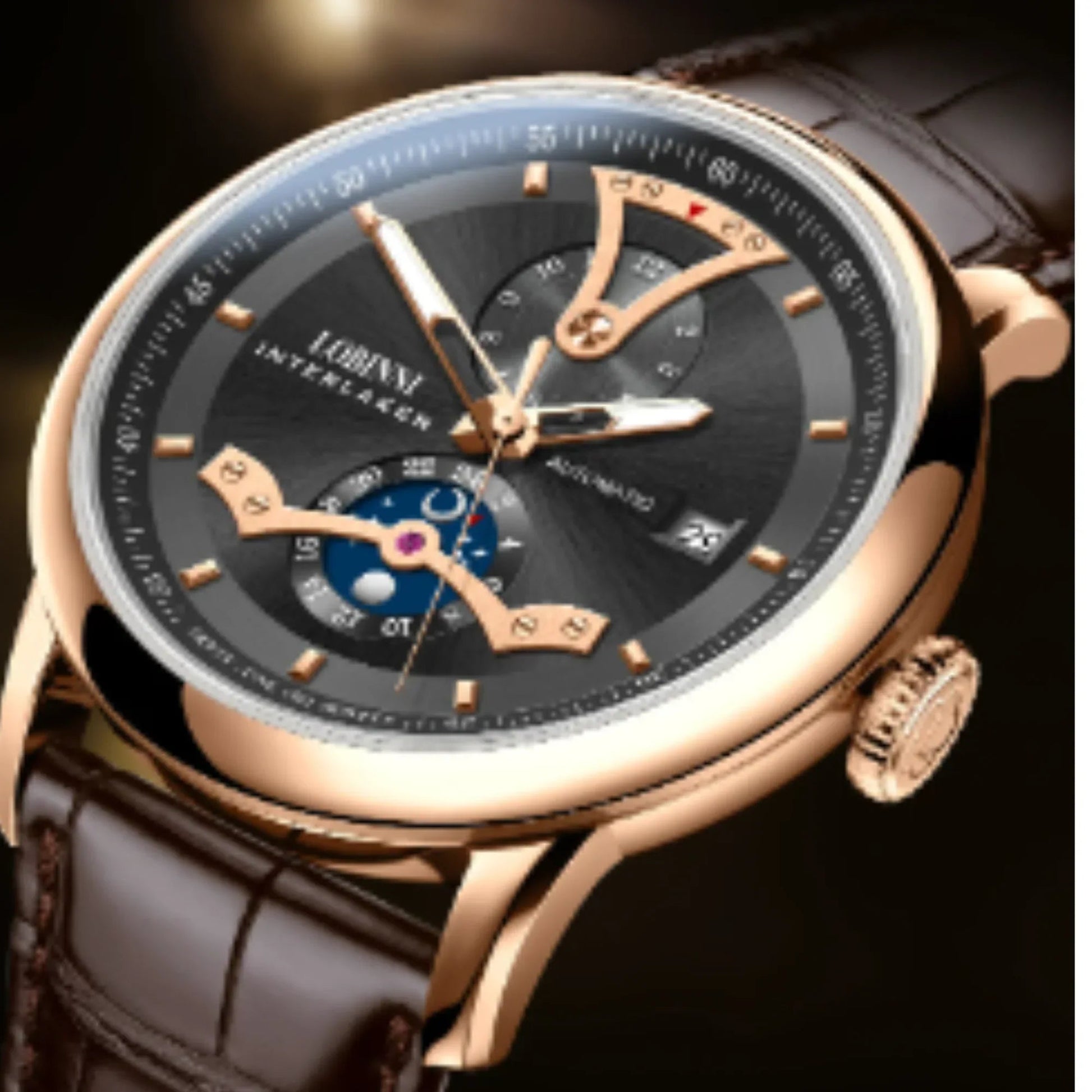 LOBINNI Men Automatic Watch Luxury Male Dress Mechanical Wristwatch Dress Sapphire Crystal Leather Strap Month Date 24 Hours - 18018 - DREAM WATCHES
