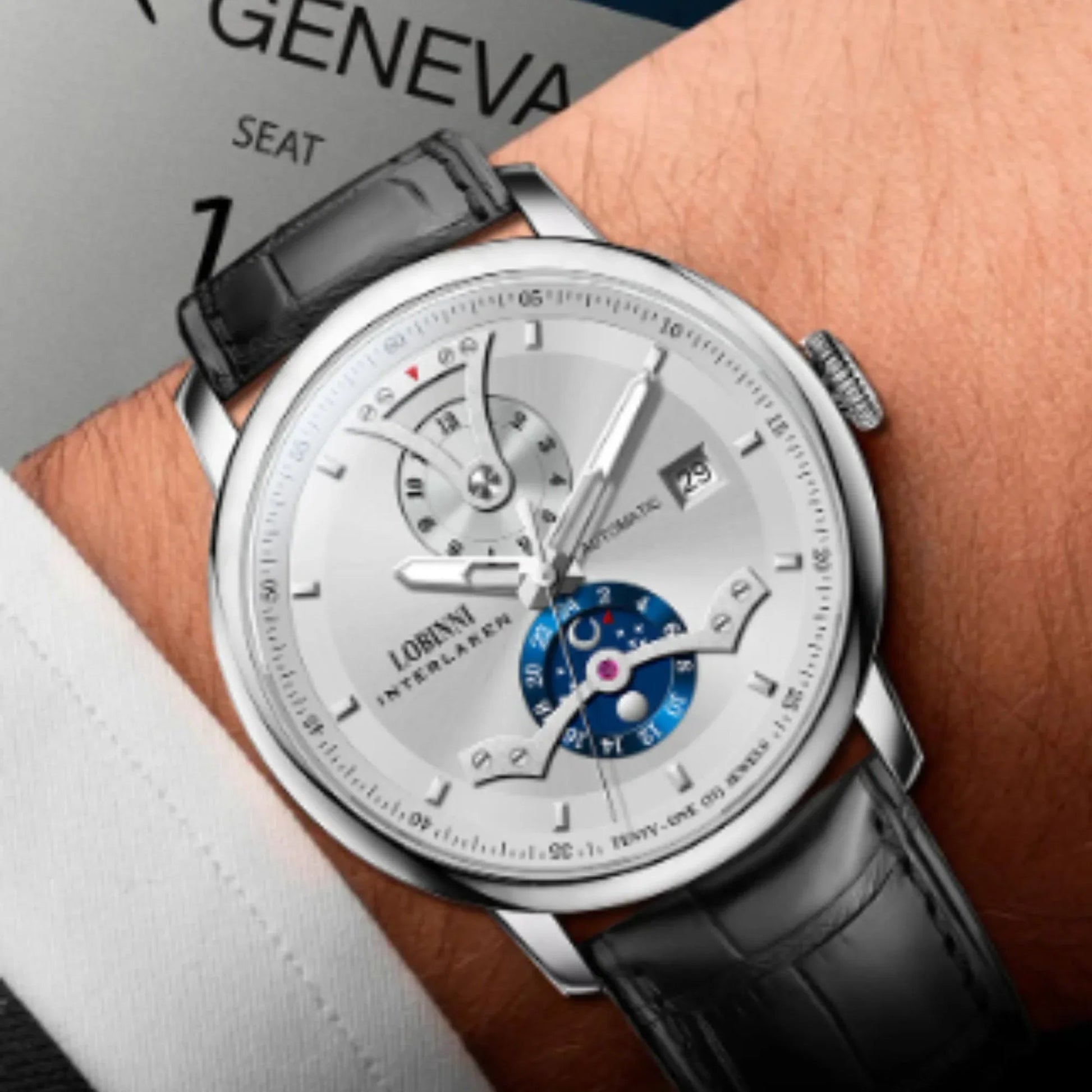 LOBINNI Men Automatic Watch Luxury Male Dress Mechanical Wristwatch Dress Sapphire Crystal Leather Strap Month Date 24 Hours - 18018 - DREAM WATCHES
