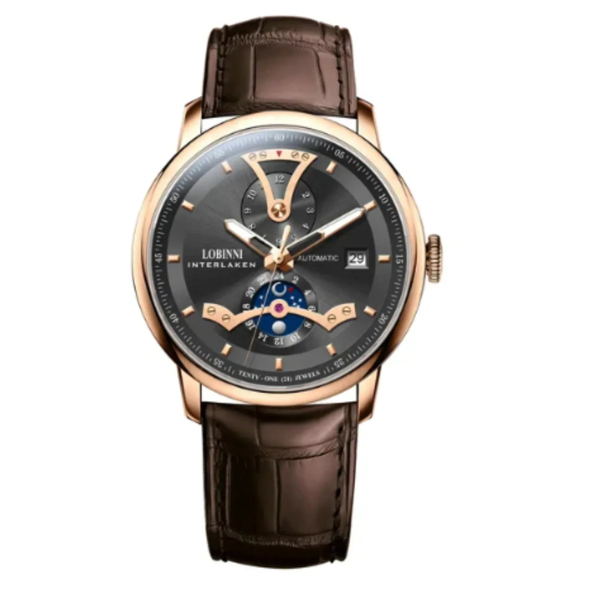 LOBINNI Men Automatic Watch Luxury Male Dress Mechanical Wristwatch Dress Sapphire Crystal Leather Strap Month Date 24 Hours - 18018 - DREAM WATCHES