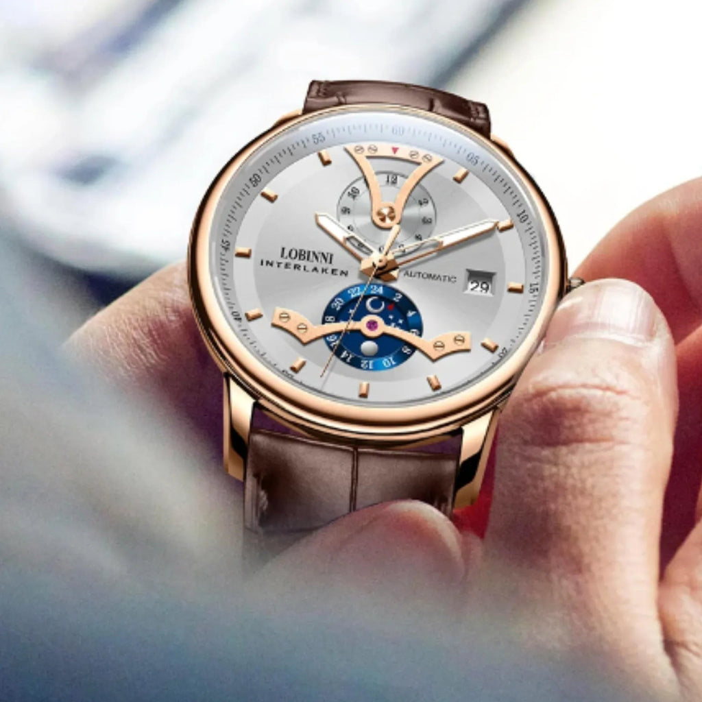 LOBINNI Men Automatic Watch Luxury Male Dress Mechanical Wristwatch Dress Sapphire Crystal Leather Strap Month Date 24 Hours - 18018 - DREAM WATCHES