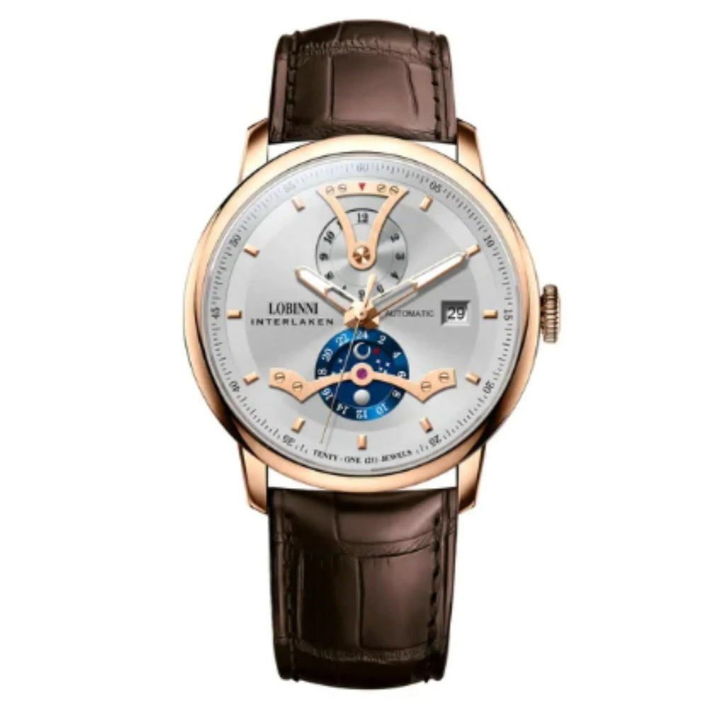 LOBINNI Men Automatic Watch Luxury Male Dress Mechanical Wristwatch Dress Sapphire Crystal Leather Strap Month Date 24 Hours - 18018 - DREAM WATCHES