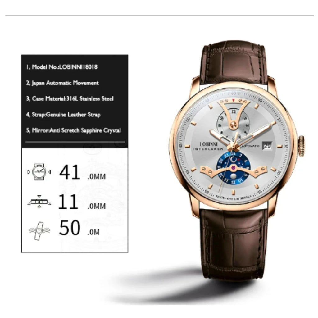 LOBINNI Men Automatic Watch Luxury Male Dress Mechanical Wristwatch Dress Sapphire Crystal Leather Strap Month Date 24 Hours - 18018 - DREAM WATCHES