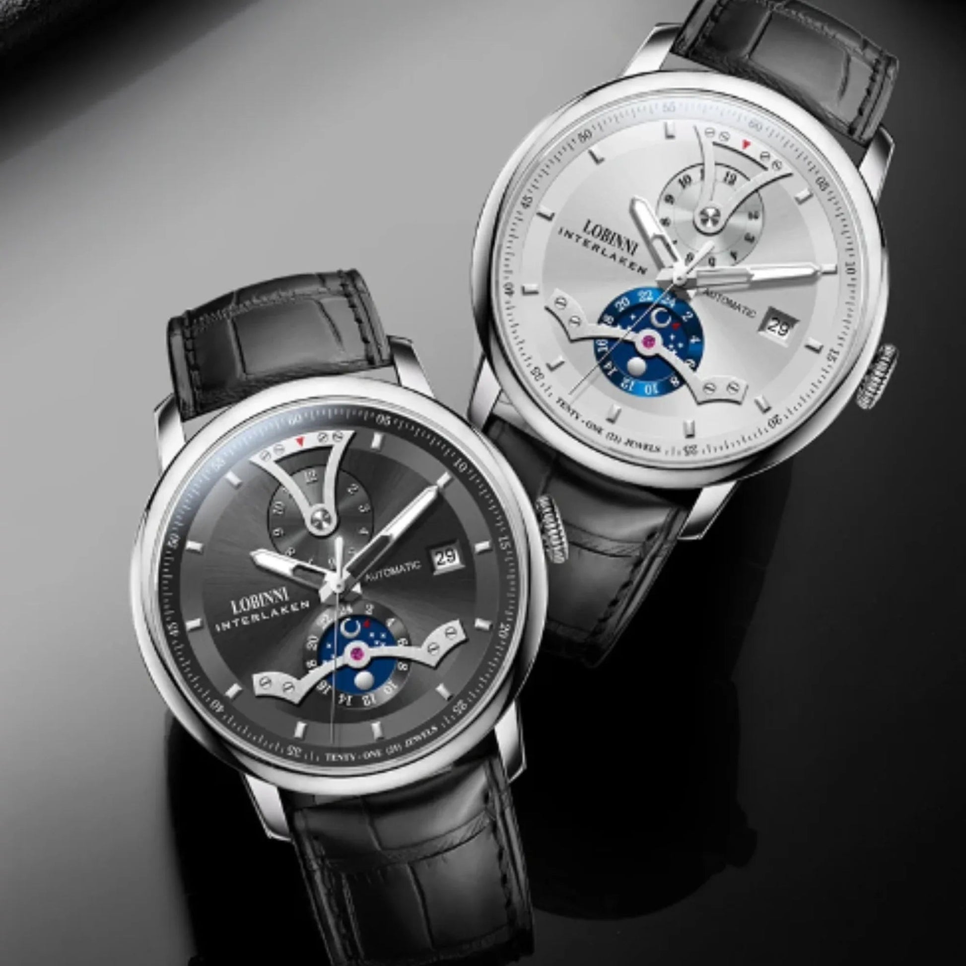 LOBINNI Men Automatic Watch Luxury Male Dress Mechanical Wristwatch Dress Sapphire Crystal Leather Strap Month Date 24 Hours - 18018 - DREAM WATCHES