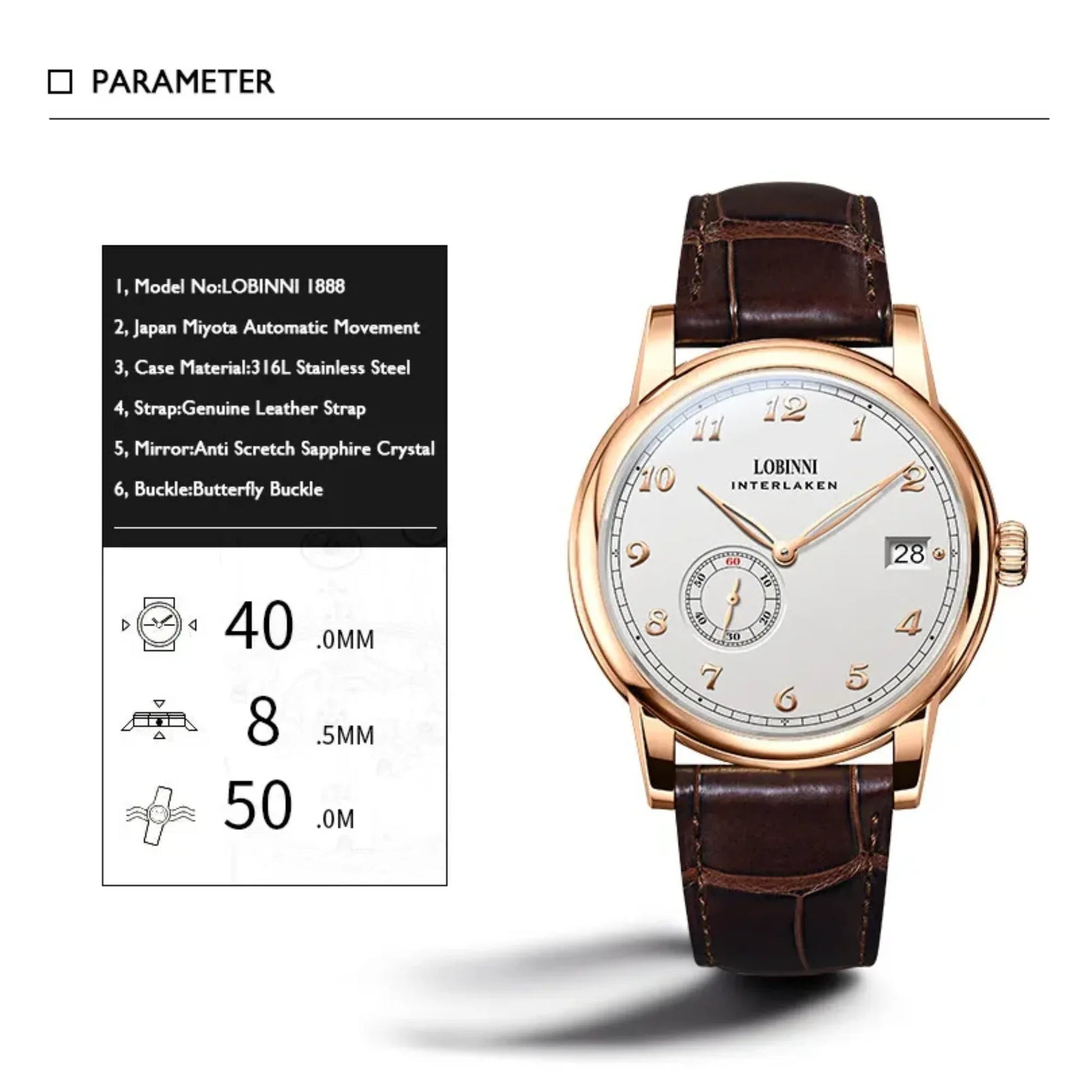 Lobinni Men Luxury Watch Automatic Ulththin Mechanical Wristwatch with Micro Rotor Movement - 1888 - DREAM WATCHES