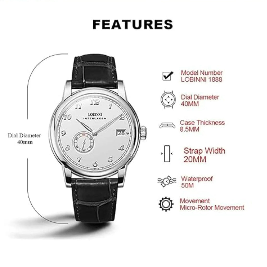 Lobinni Men Luxury Watch Automatic Ulththin Mechanical Wristwatch with Micro Rotor Movement - 1888 - DREAM WATCHES