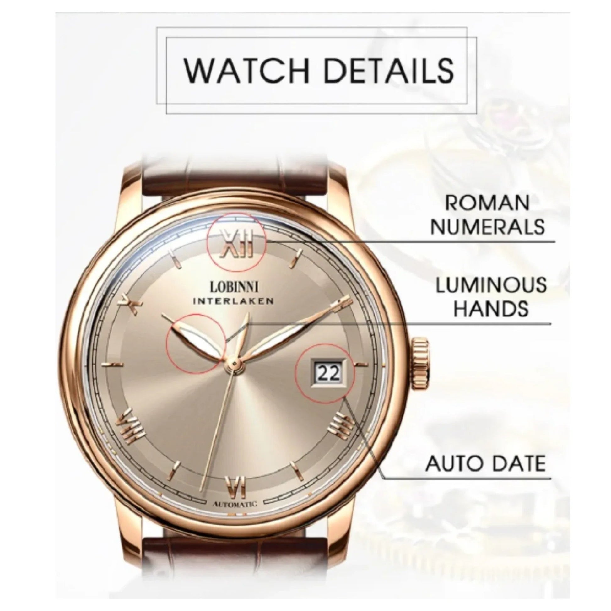 LOBINNI Men Watches Automatic Stainless Steel Waterproof Watch - 14003 - DREAM WATCHES
