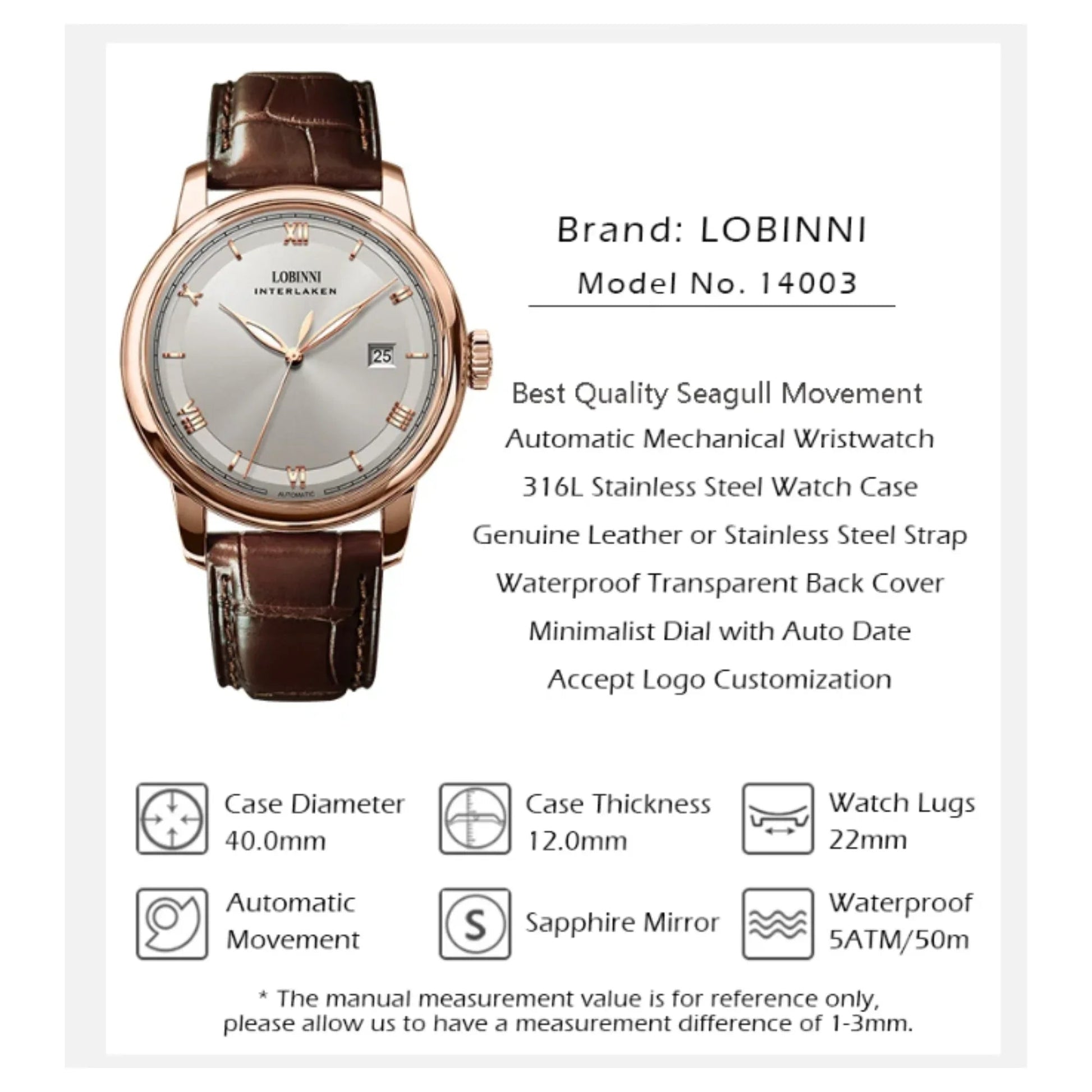 LOBINNI Mens Automatic Stainless Steel Waterproof Luxury Business Mechanical Wristwatch - 14003 - DREAM WATCHES