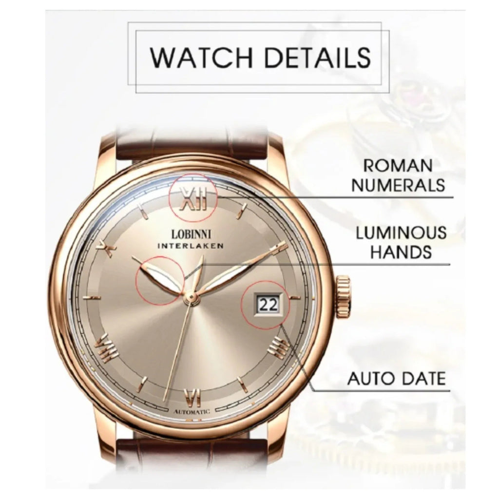 LOBINNI Mens Automatic Stainless Steel Waterproof Luxury Business Mechanical Wristwatch - 14003 - DREAM WATCHES
