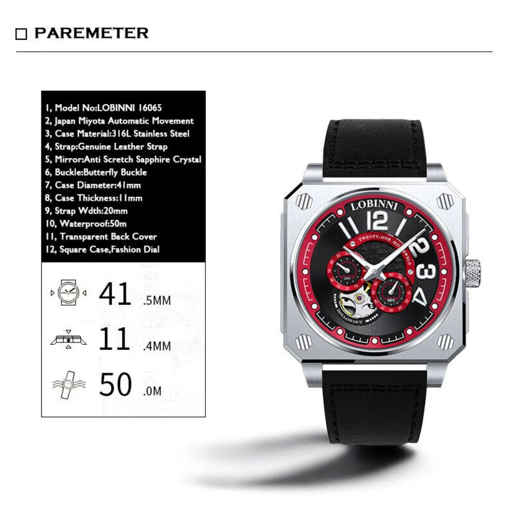 LOBINNI Mens Automatic Watches Luxury Luminous Mechanical Wristwatch Square Case -16065 - DREAM WATCHES