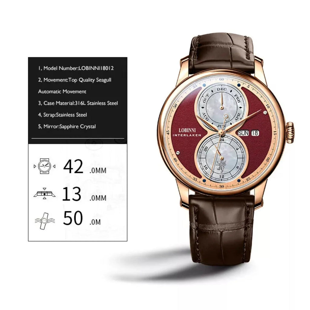 Lobinni Men's Stainless Steel Dress Automatic Mechanical Week Calendar Fashion Top Brand Luxury Watch - 18015 - DREAM WATCHES