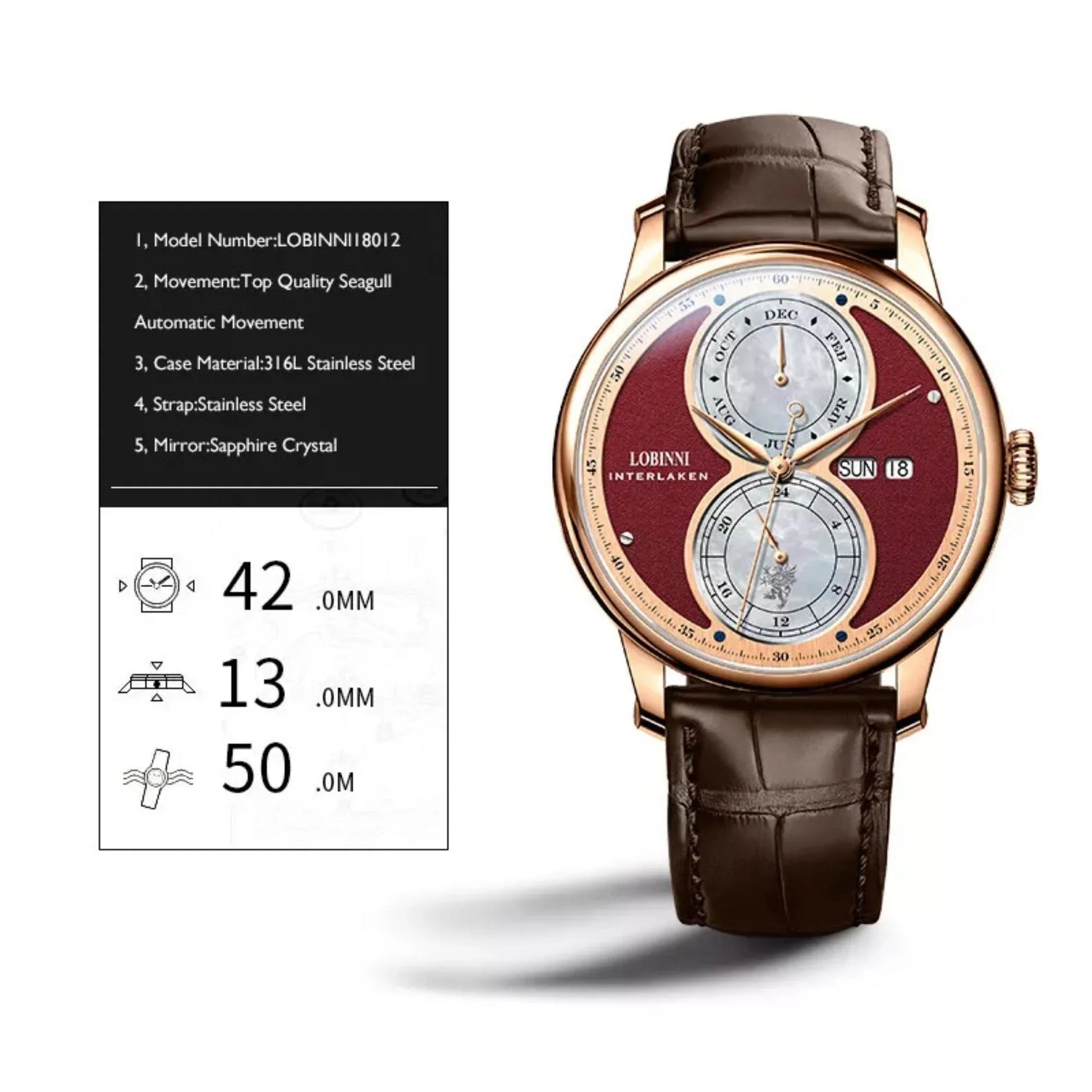 Lobinni Men's Stainless Steel Dress Automatic Mechanical Week Calendar Fashion Top Brand Luxury Watch - 18015 - DREAM WATCHES