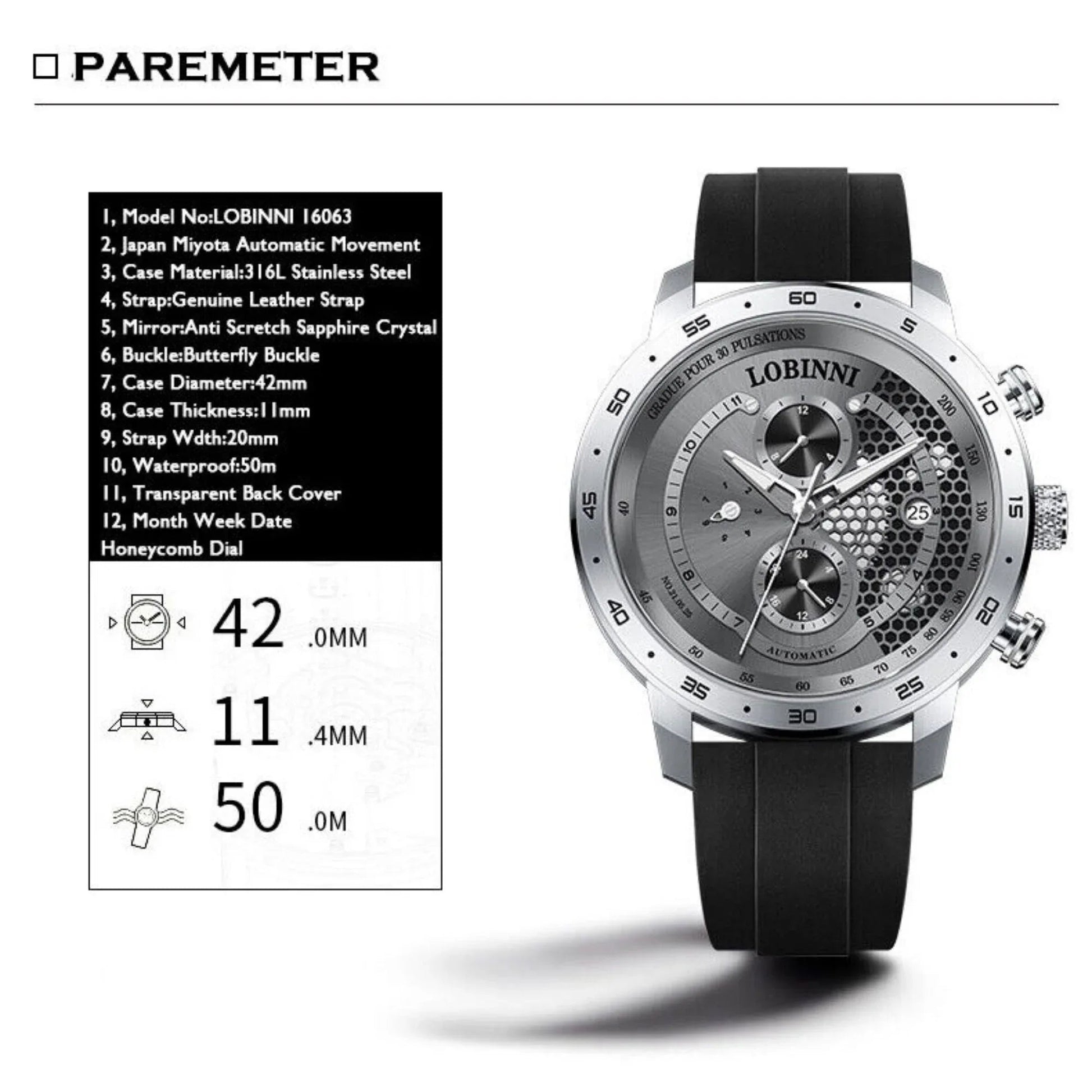 LOBINNI New Sport Watches Self-wind Mechanical Automatic Watch Men 50M Waterproof Watch Rubber Strap Lumious Watch - 16063 - DREAM WATCHES
