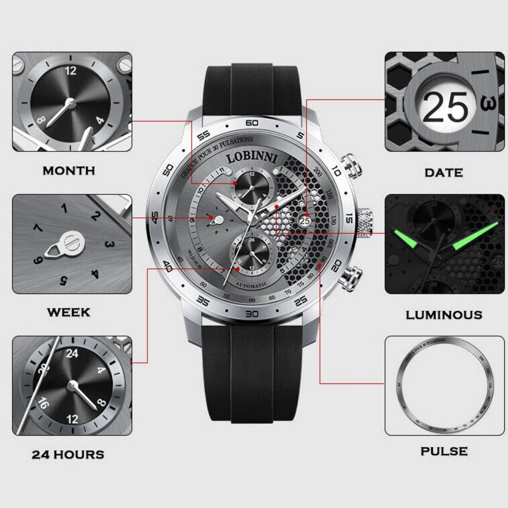 LOBINNI New Sport Watches Self-wind Mechanical Automatic Watch Men 50M Waterproof Watch Rubber Strap Lumious Watch - 16063 - DREAM WATCHES
