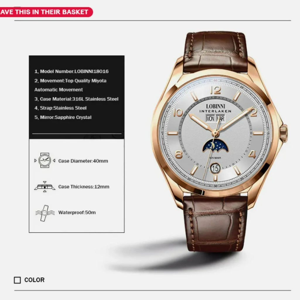 Lobinni Original Design Automatic Men's Watch Top Luxury Brand Business Seagull Men's Mechanical Watch - DREAM WATCHES