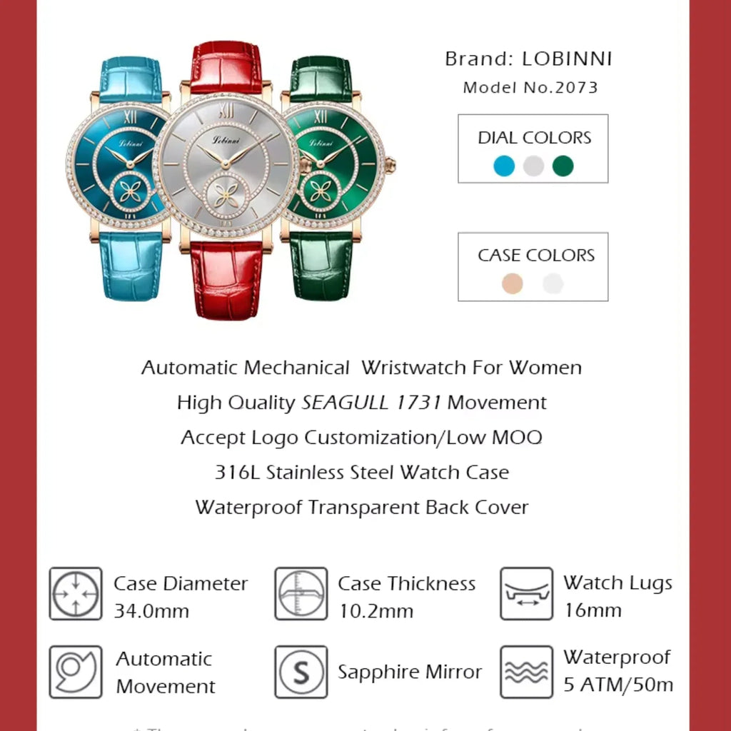 LOBINNI Watch For Women Sunray-Dial Zircon Seagull Movement Automatic Mechanical Wrist Watch Woman - 2073 - DREAM WATCHES