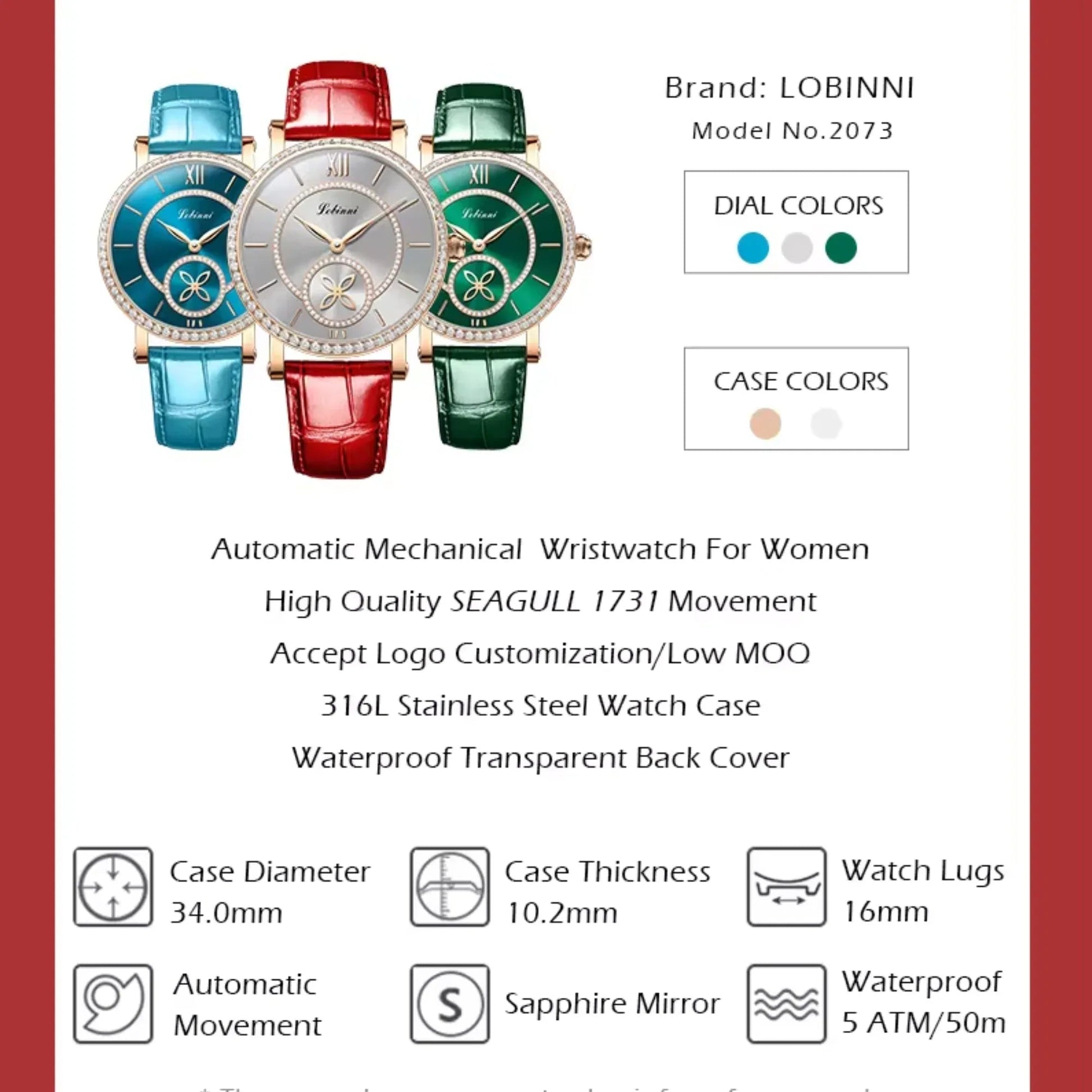 LOBINNI Watch For Women Sunray-Dial Zircon Seagull Movement Automatic Mechanical Wrist Watch Woman - 2073 - DREAM WATCHES