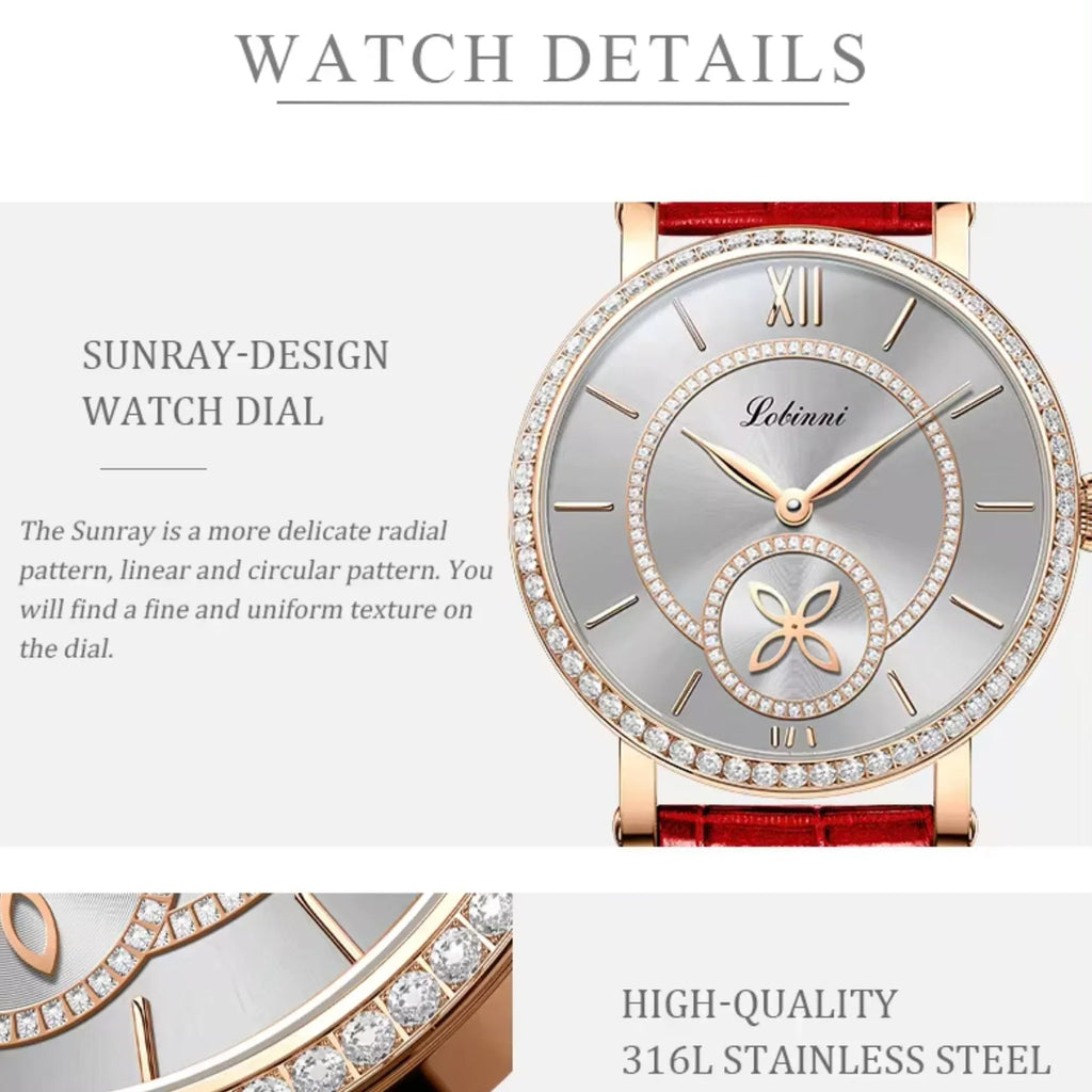 LOBINNI Watch For Women Sunray-Dial Zircon Seagull Movement Automatic Mechanical Wrist Watch Woman - 2073 - DREAM WATCHES
