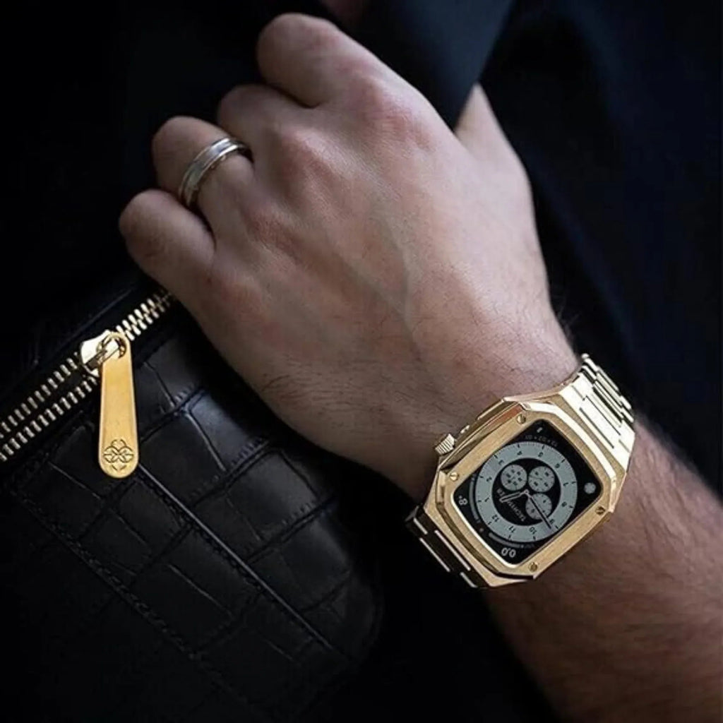 Luxury Metal Mod Kit For Apple Watch | Case With Jewels, Rubber & Stainless Steel Straps | Apple Watch SE/3/4/5/6 Accessory - 44 Mm| Golden Case - Golden Band - DREAM WATCHES