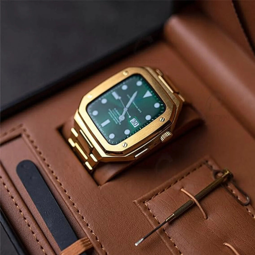 Luxury Metal Mod Kit For Apple Watch | Case With Jewels, Rubber & Stainless Steel Straps | Apple Watch SE/3/4/5/6 Accessory - 44 Mm| Golden Case - Golden Band - DREAM WATCHES