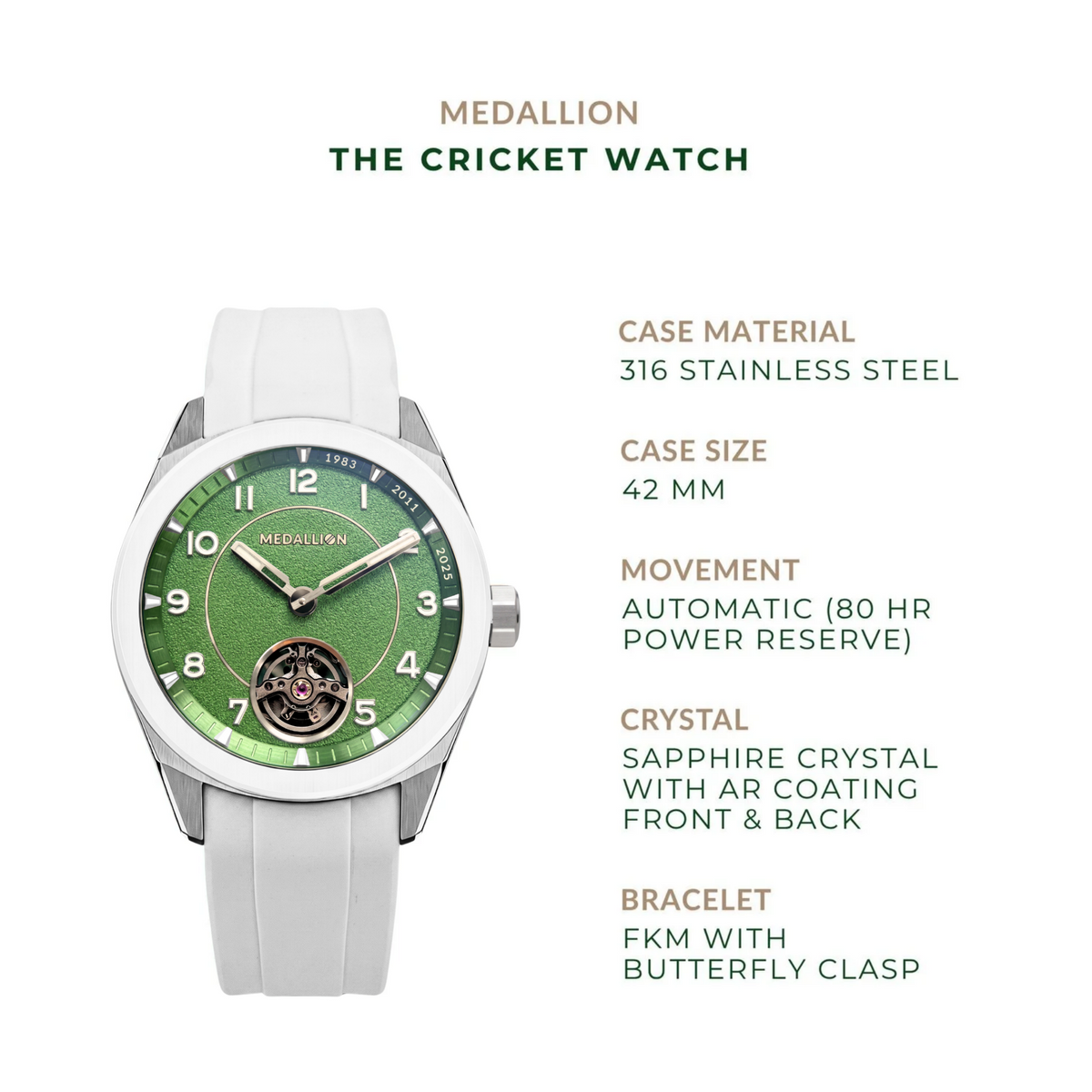MEDALLION  The Cricket Watch | World Cup Edition | Silver with White FKM Strap