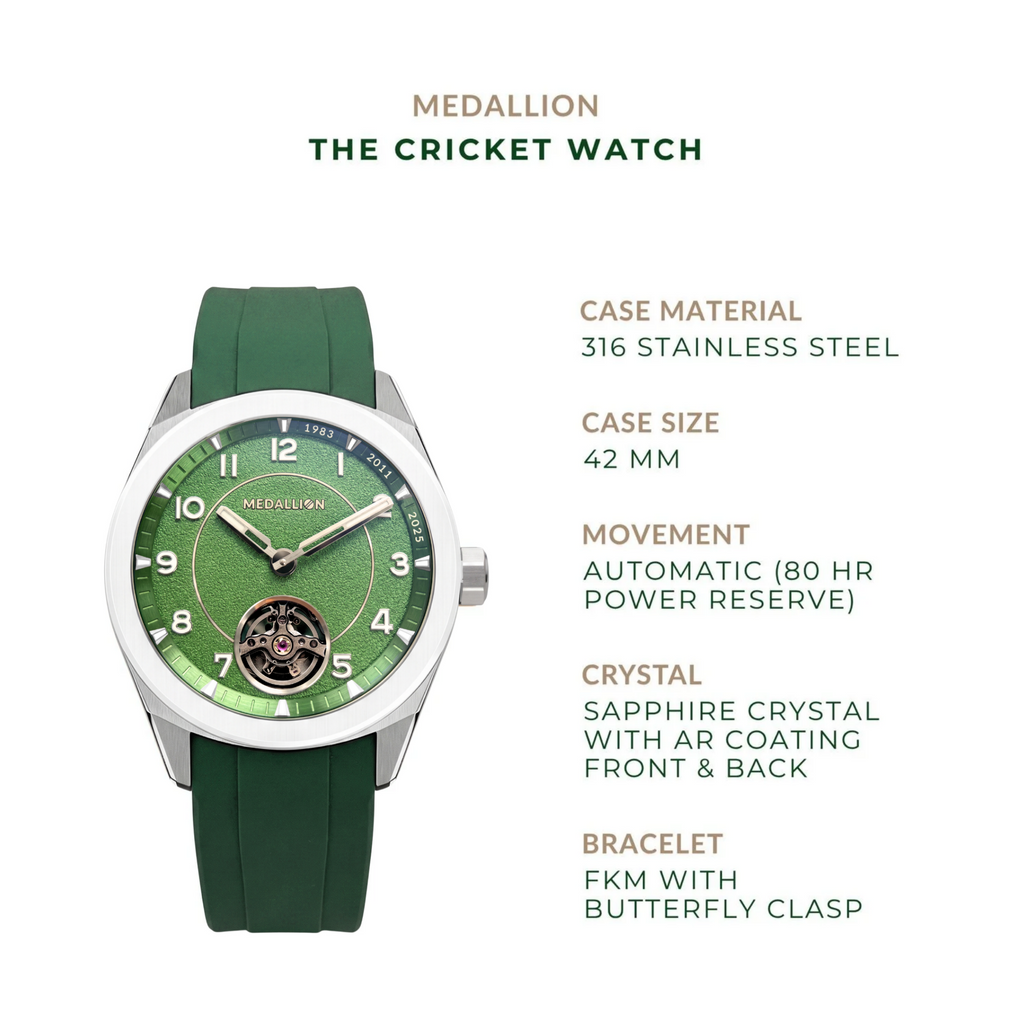 MEDALLION  The Cricket Watch | World Cup Edition | Silver with Green FKM Strap